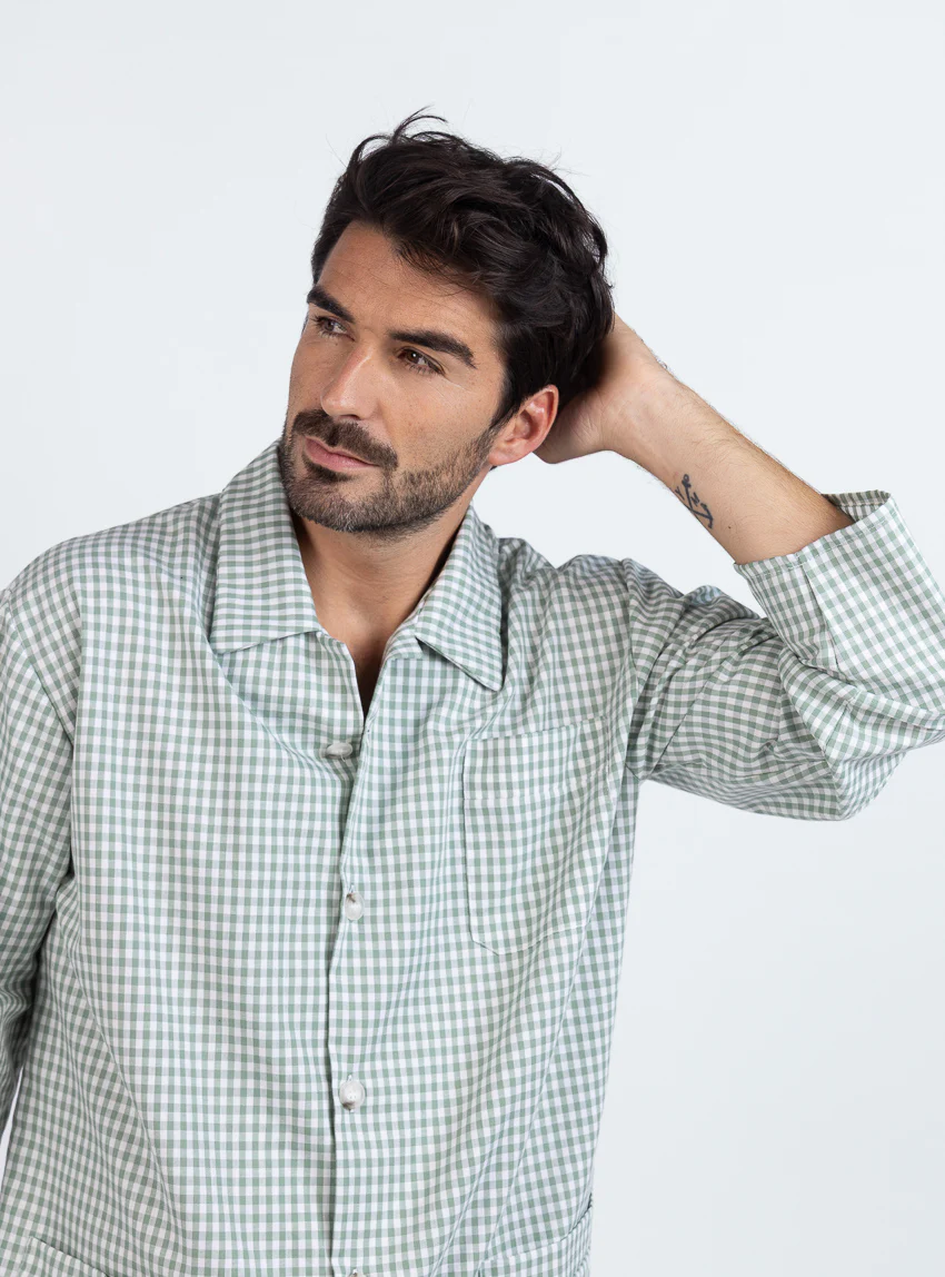 Pyjama homme en coton carreaux vert sauge