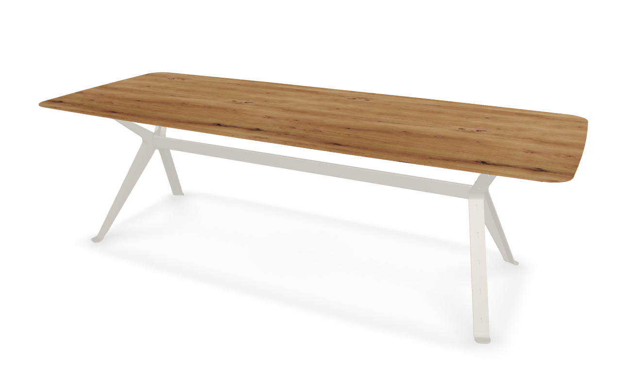 They & Me eettafel Chat – bootsvorm – eiken rustiek lak – RAL9010 zuiverwit 240 x 100 x 75 | Eiken Rustiek lak | Verjongde Rand | Frame RAL9010 zuiverwit