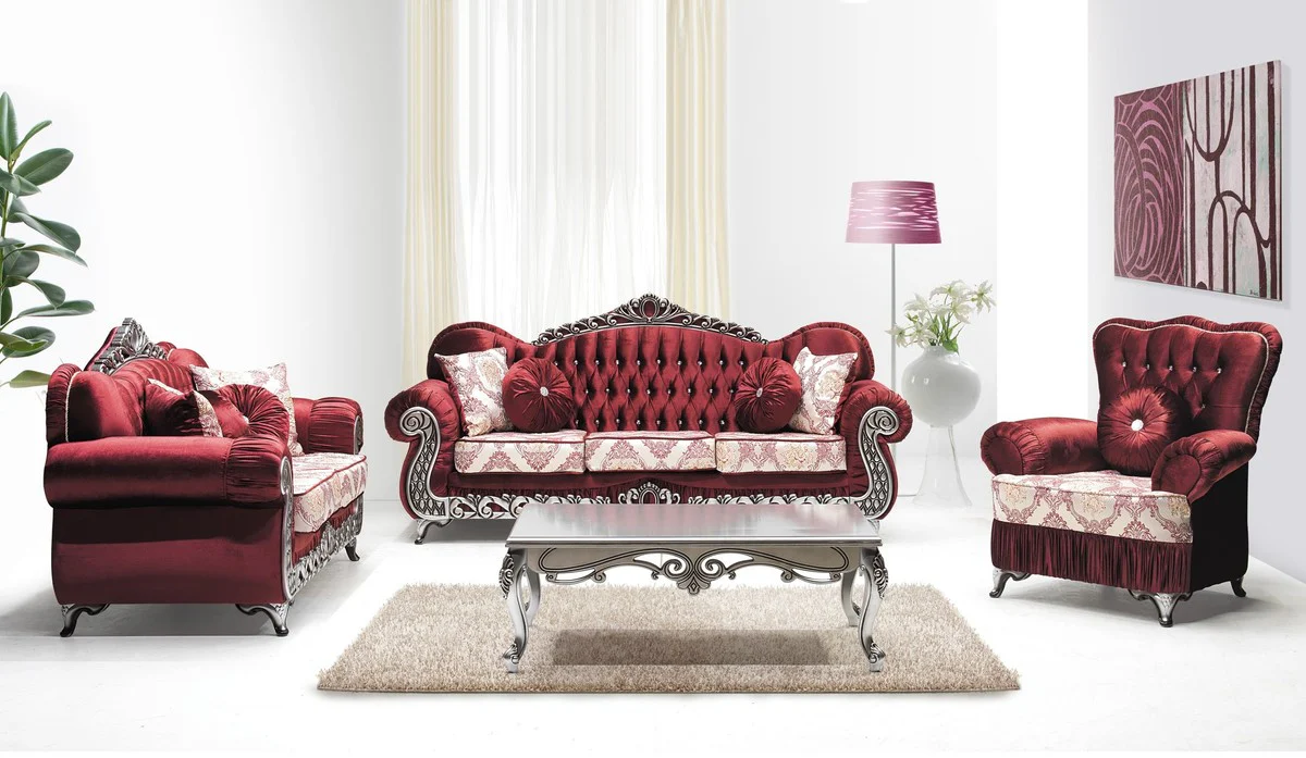 Luxury Baroque 2-seater sofa Bordeaux red / cream / silver - magnificent living room sofa with pattern and glittering stones - living room furniture in baroque style - baroque furniture - noble & magnificent