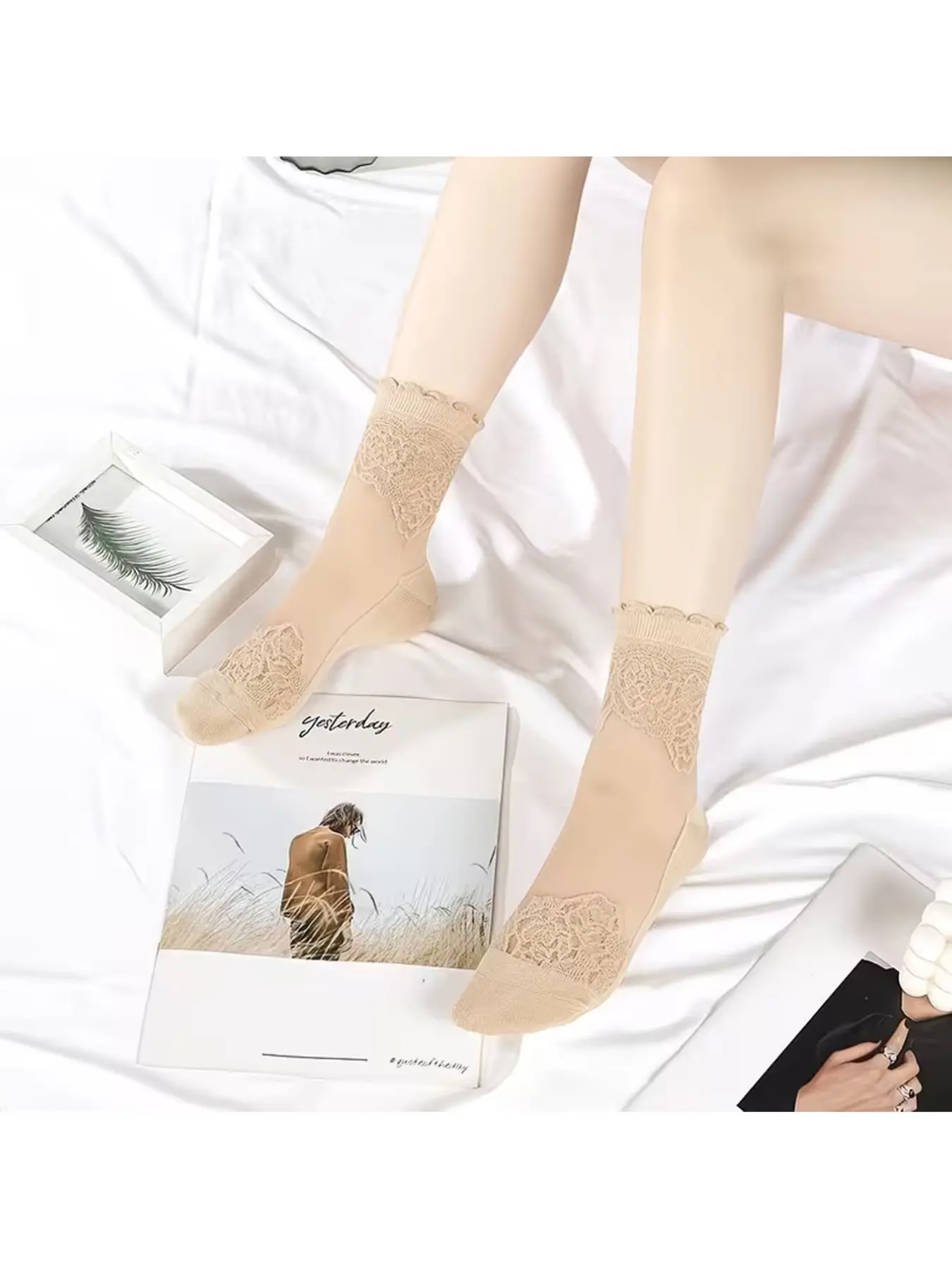 3 Pairs Women’s Sheer Lace Thin Boat Socks, Breathable Anti-Slip Knitted Casual Daily Socks