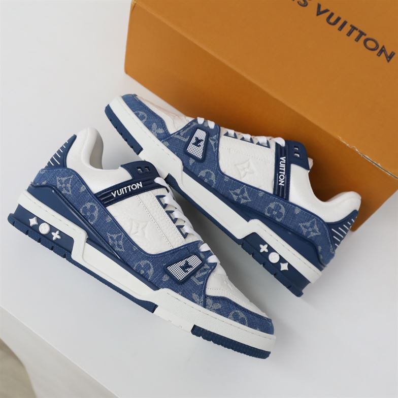 LOUIS VUITTON TRAINER MONOGRAM DENIM WHITE BLUE   LVS006 - Sneaker Replica Workshop