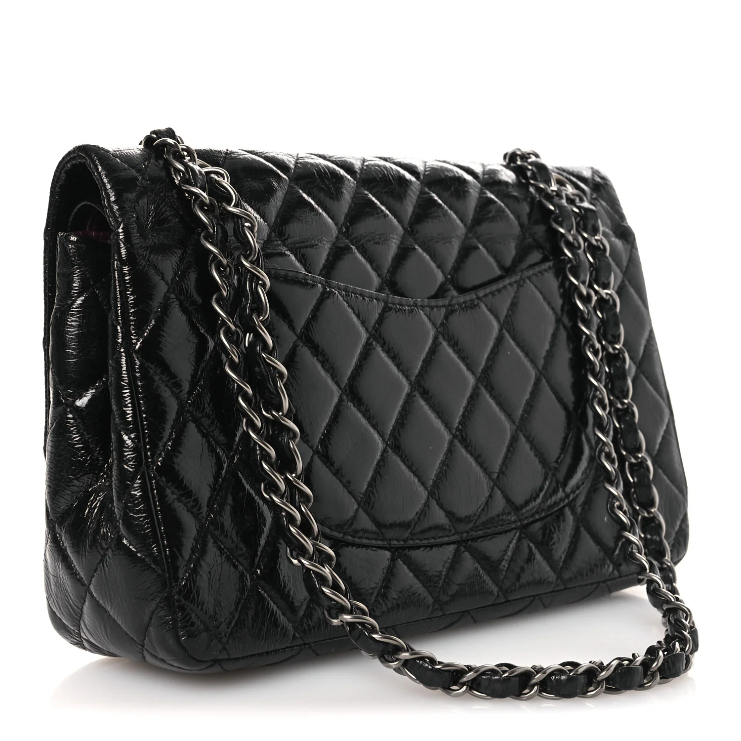 Distressed Patent Quilted Medium Double Flap Black