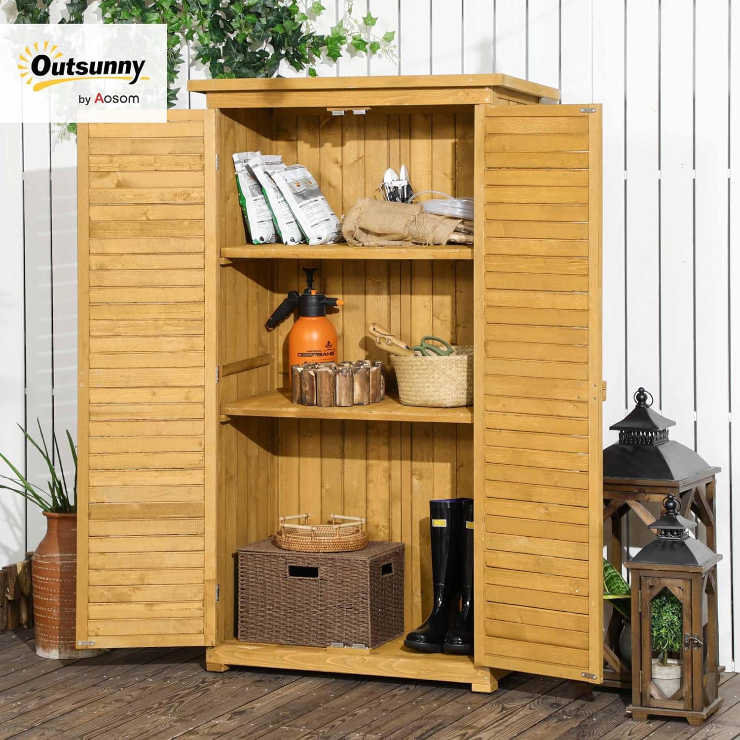 Outsunny Casetta da Giardino in Legno con Tetto Impermeabile, Armadio da Esterno Porta Attrezzi da Giardino con 3 Mensole, 87x46.5x160cm