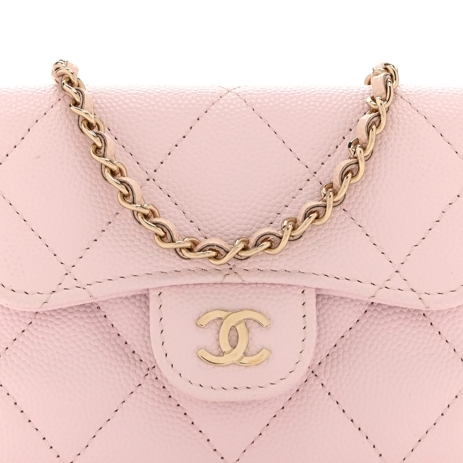 Caviar Quilted Flap Card Holder On Chain Pink - Top Club