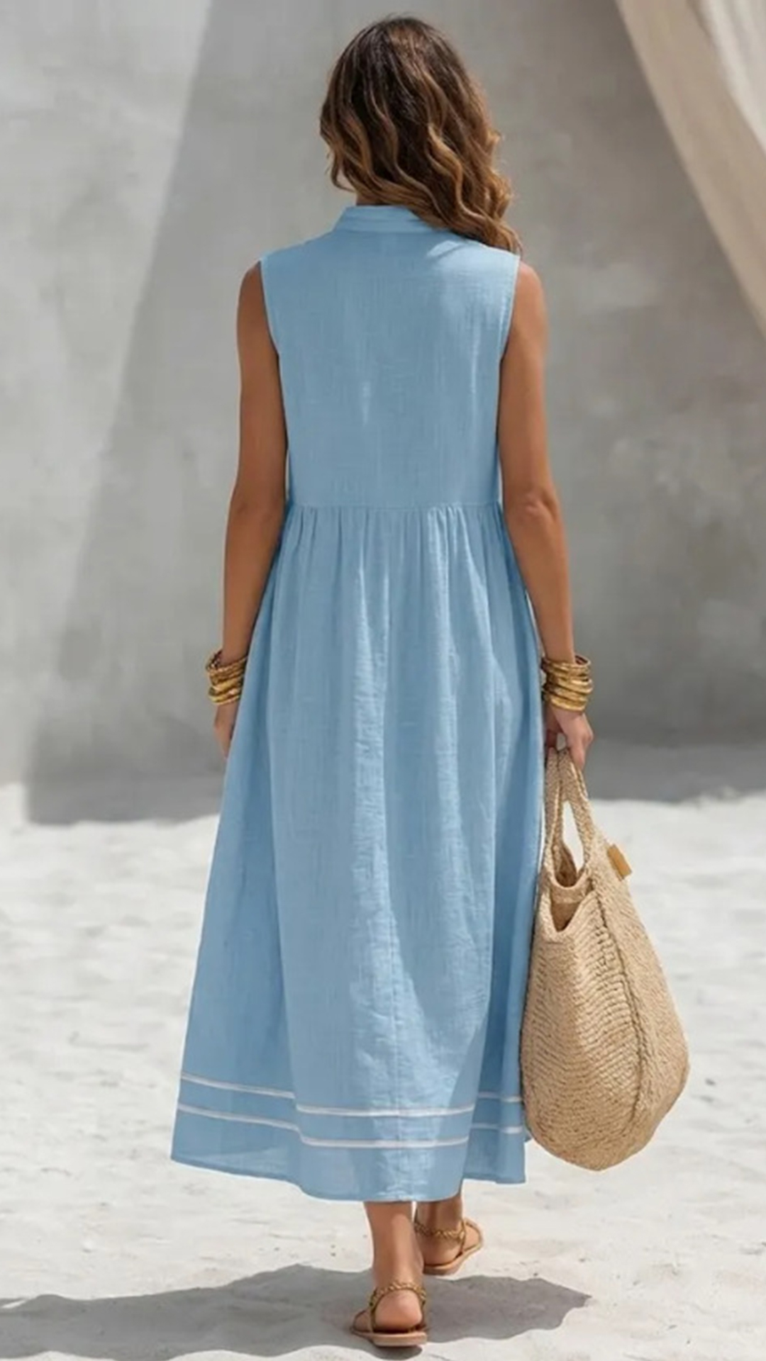 Women's Cotton-Blend Light Blue Stand-Collar Pleated Sleeveless Dress - Nordfashionstorm - Women's Clothing, Fashion for You - Nordfashionstorm.com