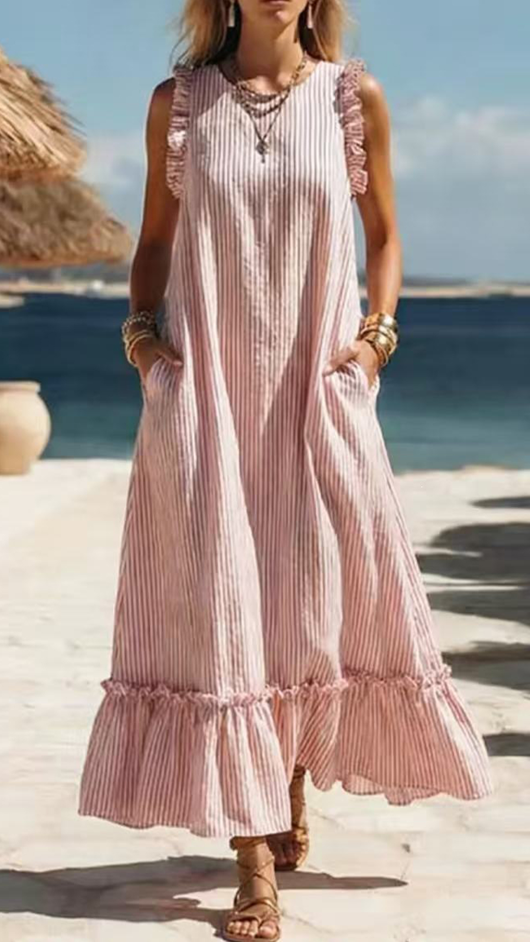 Women's Cotton-Blend Striped Ruffled Sleeveless Maxi Dress - Nordfashionstorm - Women's Clothing, Fashion for You - Nordfashionstorm.com