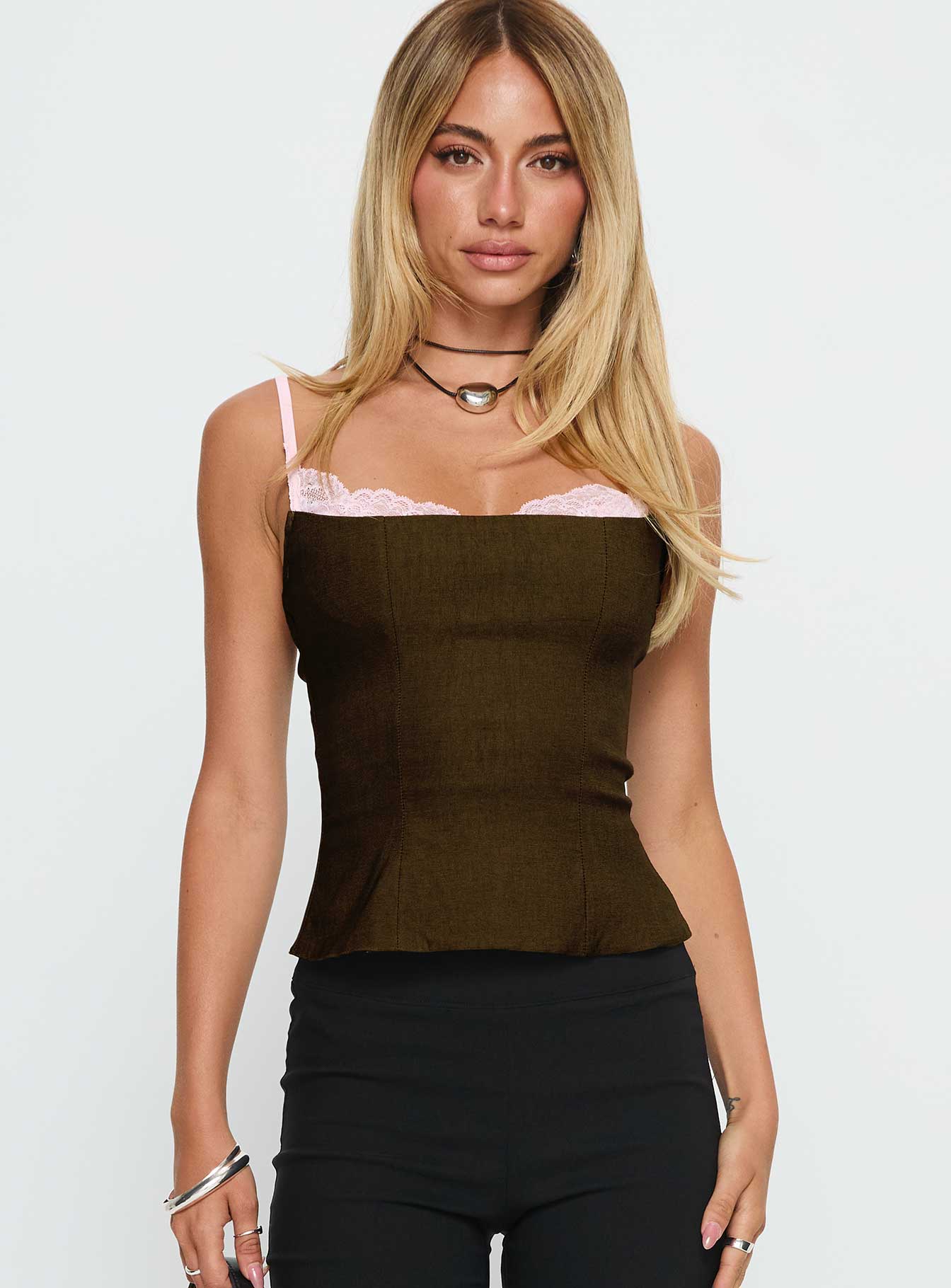 Renaissance Corset Lace Top Olive / Pink
