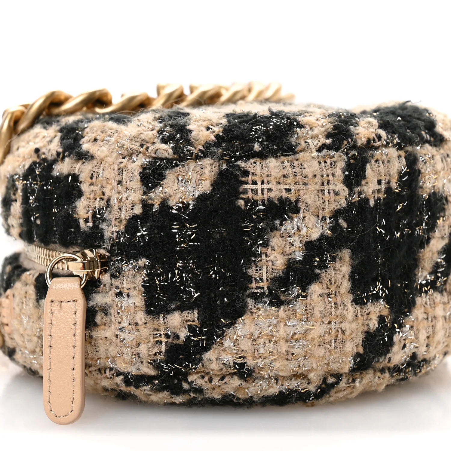 Wool Tweed Lambskin Quilted Chanel 19 Round Clutch With Chain and Coin Purse Beige Black - Top Club