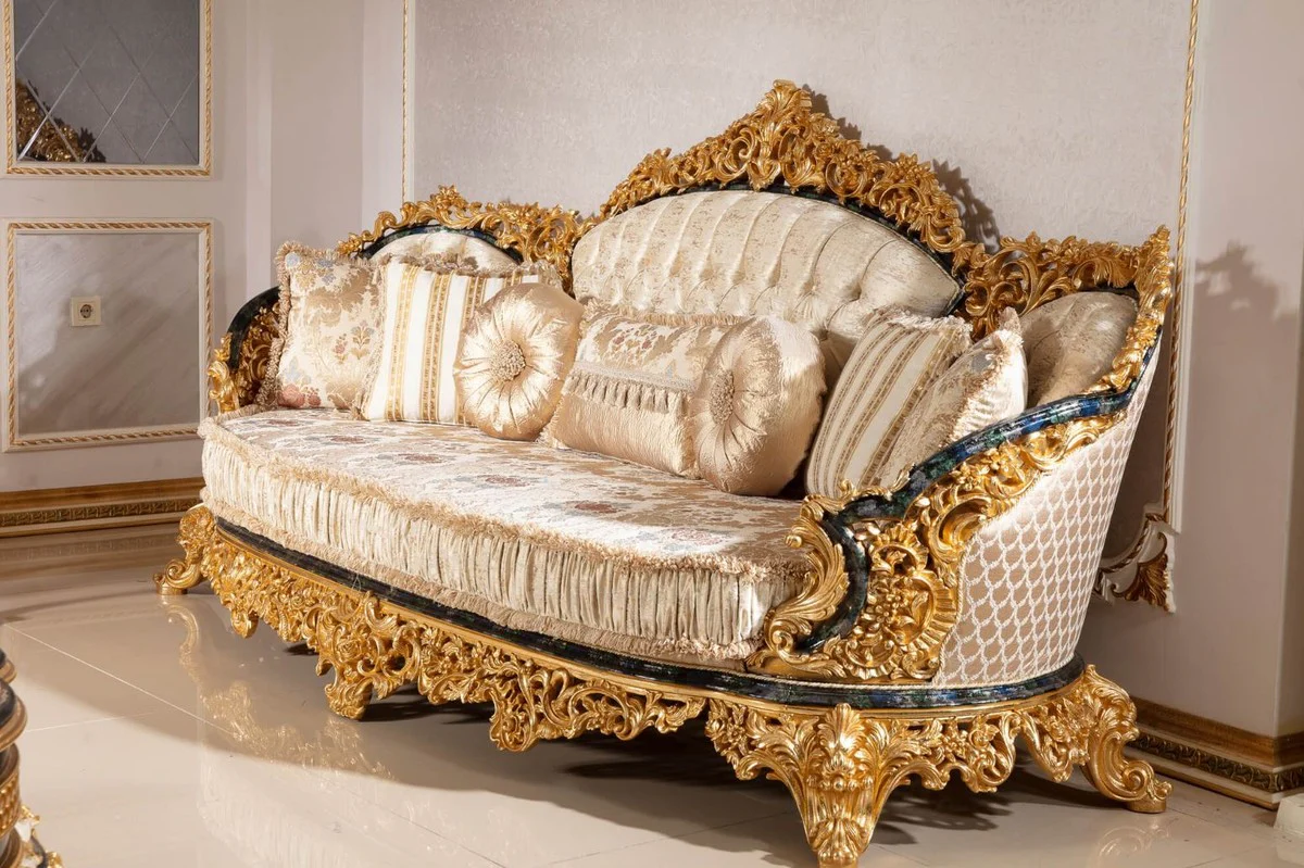 Luxury Baroque Living Room Set Gold / White / Blue / Gold - 2 Sofas & 2 Armchairs & 1 Coffee Table & 2 Side Tables - Handcrafted Living Room Furniture in Baroque Style - Noble & Magnificent
