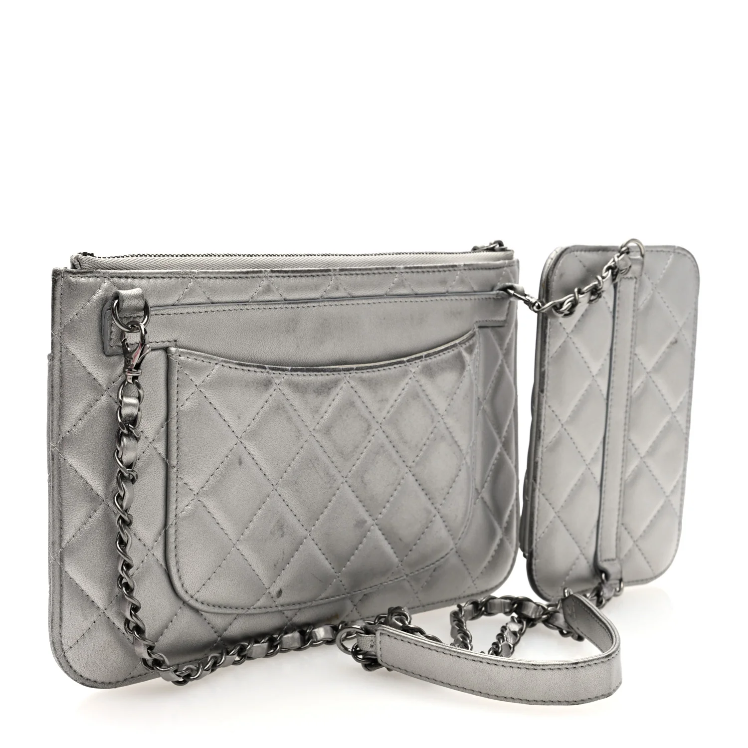 Metallic Lambskin Quilted Clutch With Chain Silver - Top Club