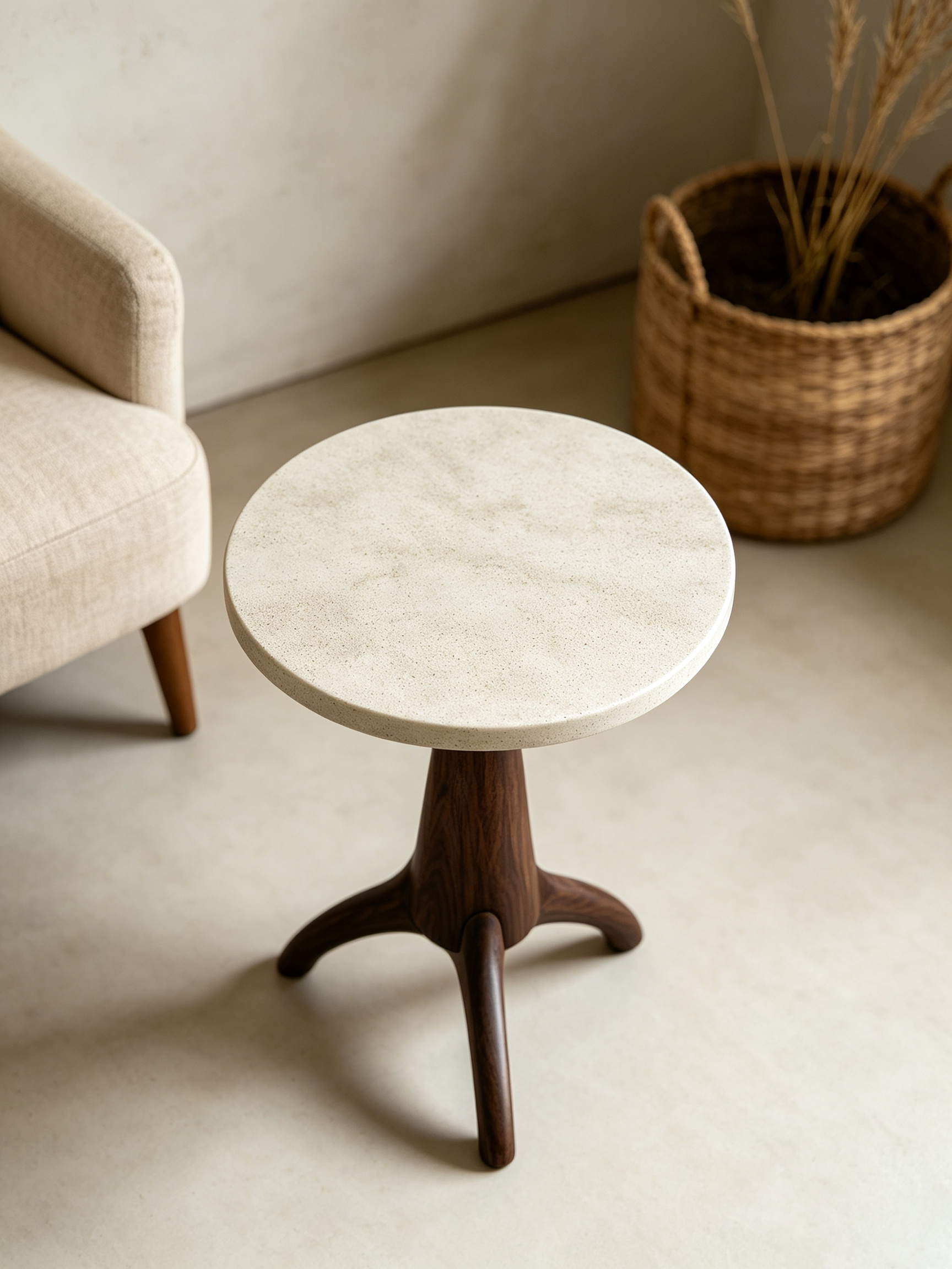 Round Stone Top Side Table with Wood Tripod Base