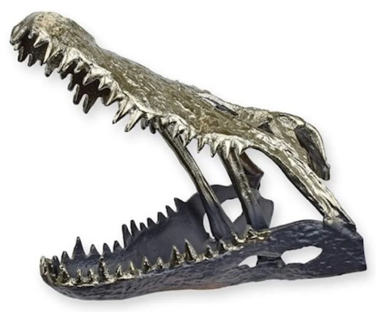 Luxury aluminum decorative sculpture crocodile skull silver / black 36 x 24.2 x H. 30 cm - aluminum decorative figure - living room decoration - desk decoration
