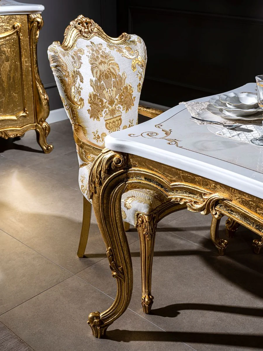 Luxury baroque dining table white / gold 202 x 102 x H. 80 cm - solid wood kitchen table - dining room table - magnificent dining room furniture in the baroque style