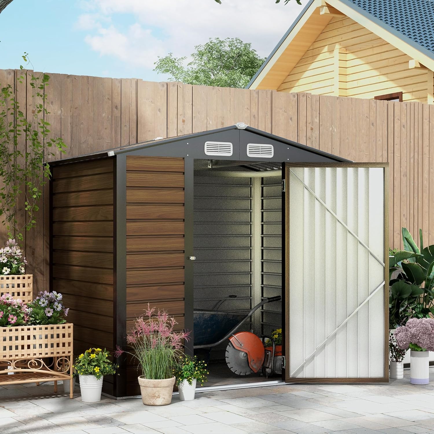 Outsunny Casetta da Giardino 1.9x1.3 m in Acciaio, Capanno Porta Attrezzi in Lamiera con Prese d'Aria e Catenaccio, Colore Quercia