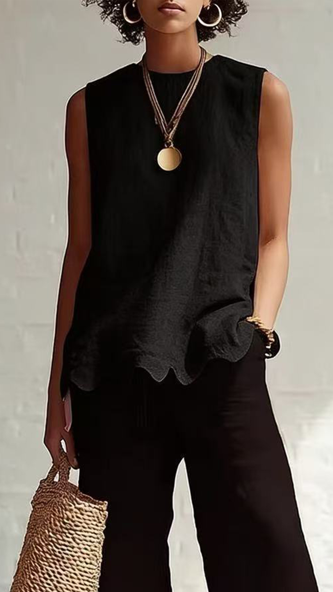 Women's Cotton‑blend Crew‑neck Sleeveless Scalloped‑hem Waist‑cinched Top - Nordfashionstorm - Women's Clothing, Fashion for You - Nordfashionstorm.com