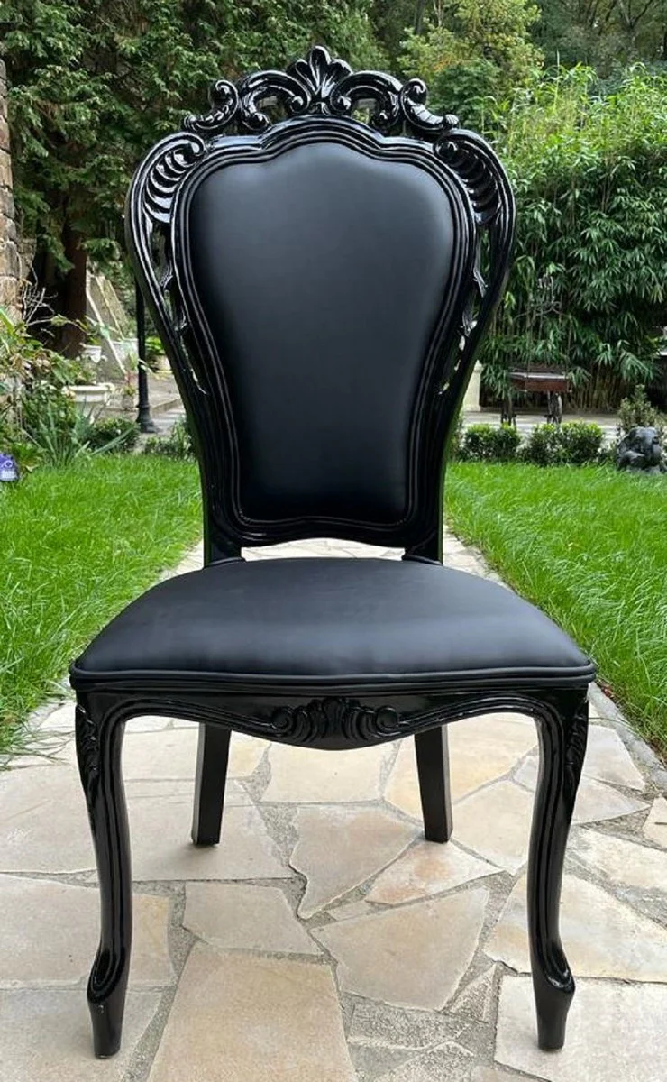 Luxury Baroque Dining Room Chair Black - Handcrafted antique style chair with elegant faux leather - Magnificent dining room furniture in baroque style