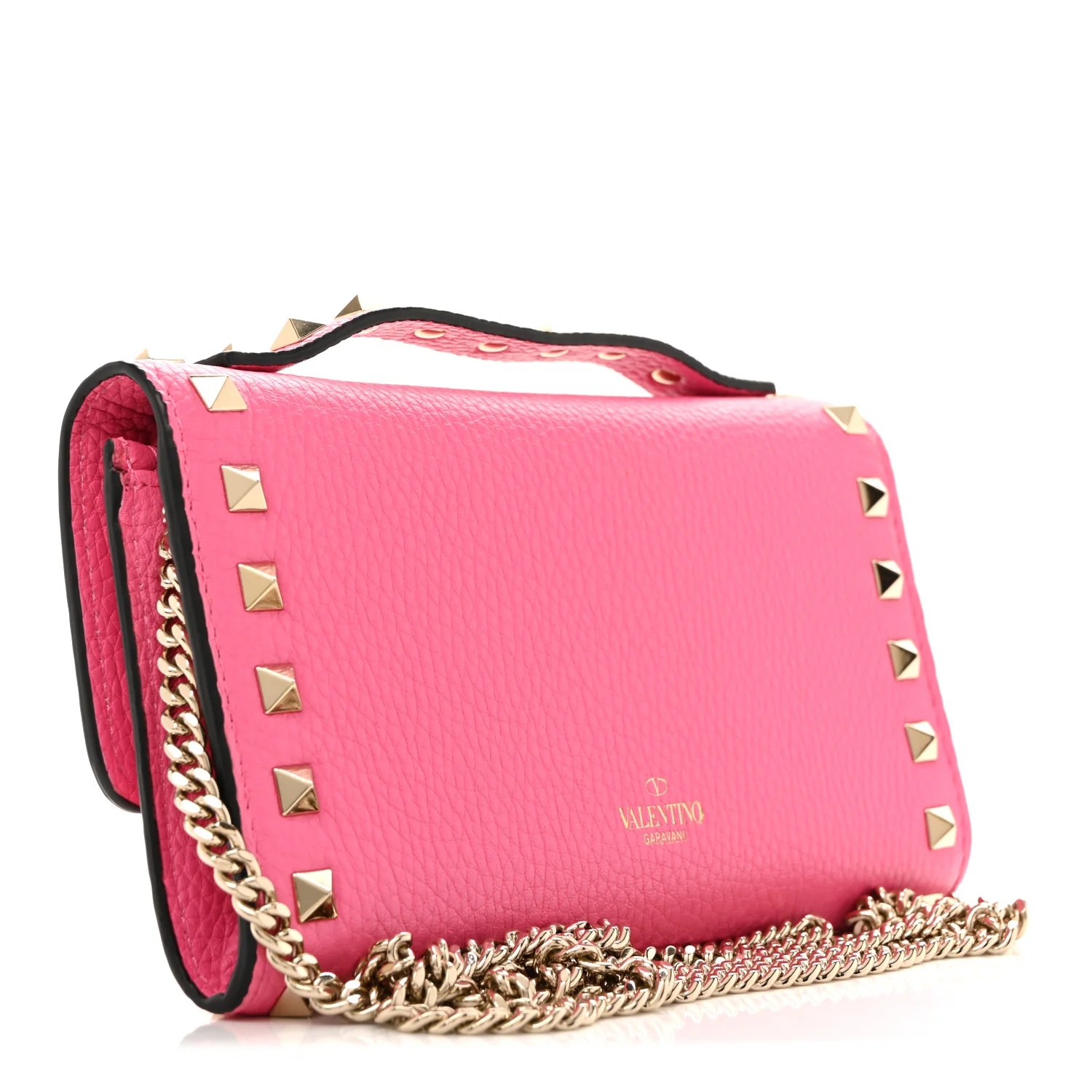 Pebbled Calfskin Rockstud Flip Lock Wallet On Chain Feminine Pink - Top Club