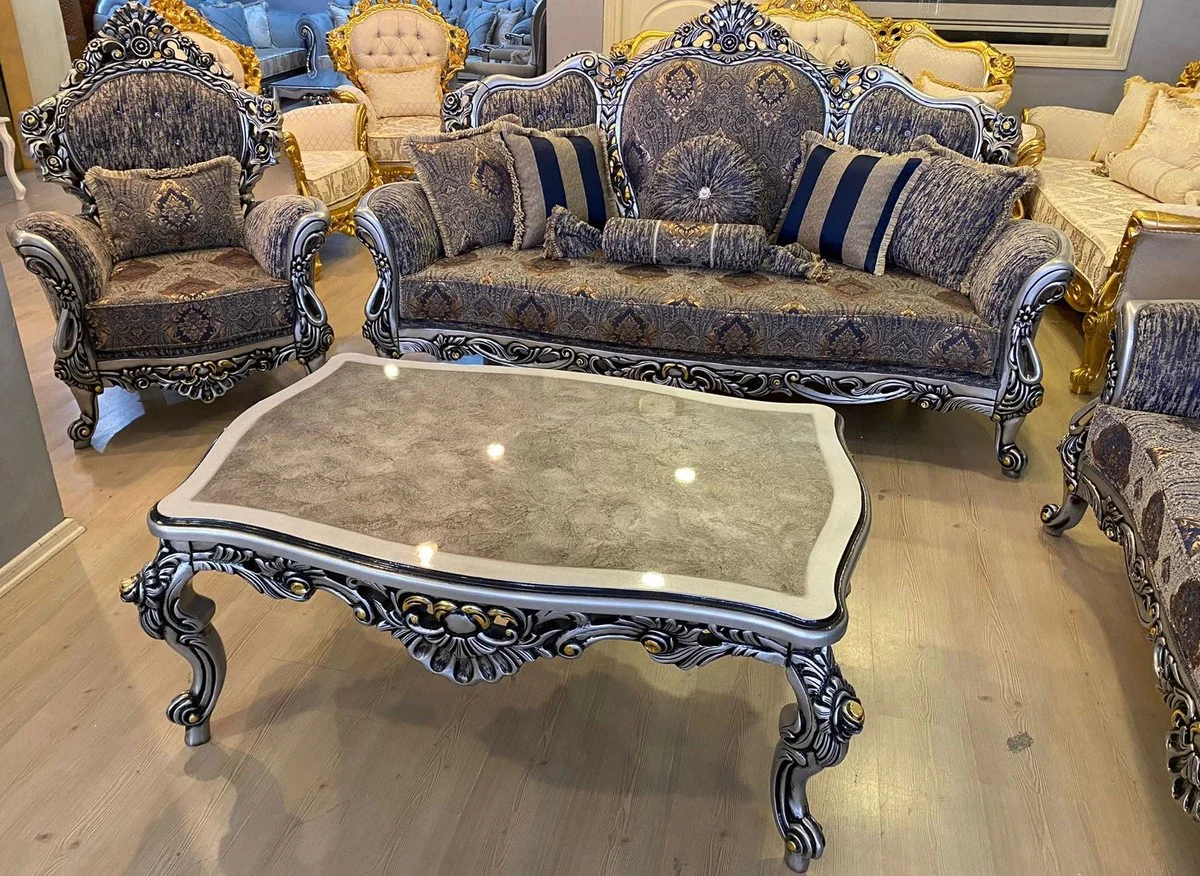 Luxury Baroque Living Room Set Multicolored / Silver / Black / Gold - 2 Baroque Sofas & 2 Baroque Armchairs & 1 Baroque Coffee Table - Luxury Living Room Furniture in Baroque Style - Baroque Furniture