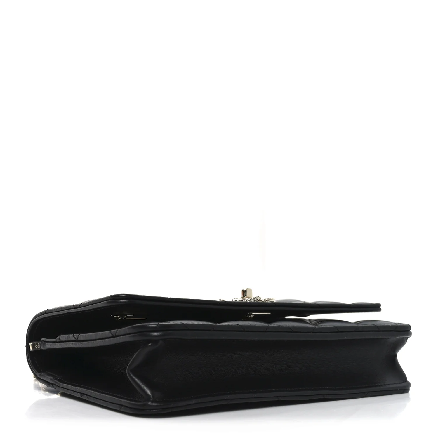 Lambskin Quilted Crystal Handle Wallet On Chain WOC Black - Top Club