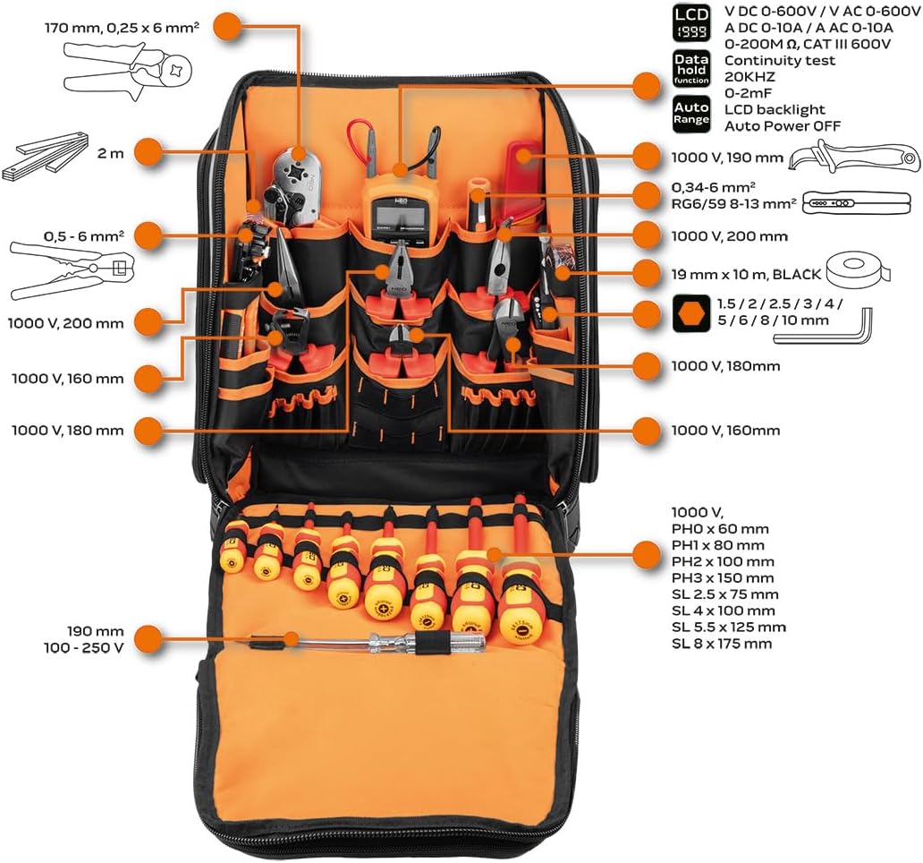 NEO TOOLS Zaino per attrezzi elettricisti, 31 pezzi, con attrezzi per un elettricista, 26 tasche, set di attrezzi per elettricisti mobili e durevoli, set di attrezzi elettrici in uno zaino