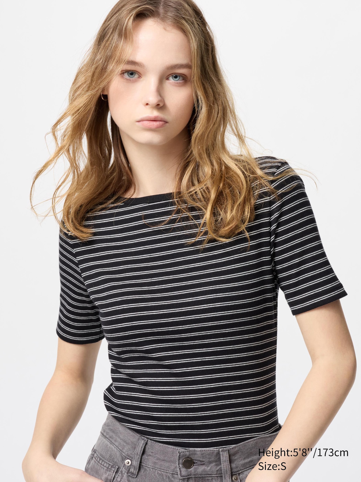 Ribbed Boat Neck Half Sleeve T-Shirt