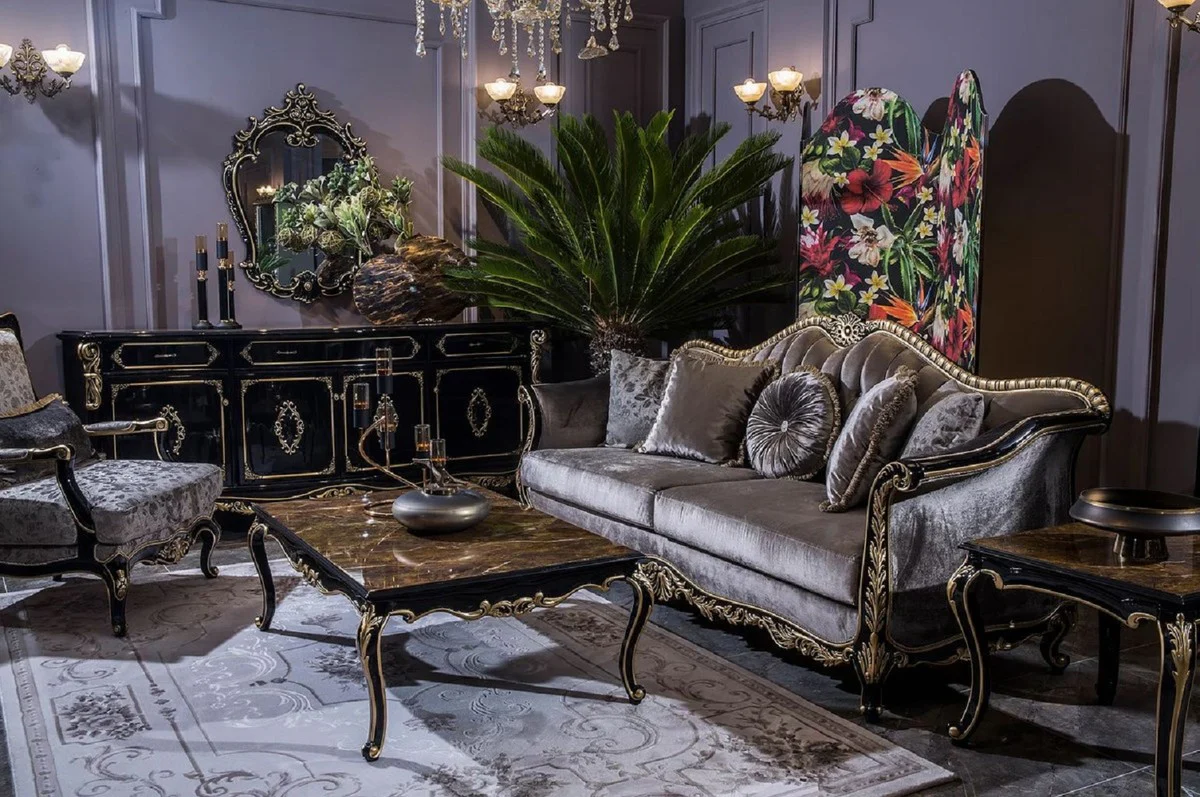 Luxury baroque living room set silver / black / gold - 2 baroque sofas & 2 baroque armchairs & 1 baroque coffee table - living room furniture in baroque style - baroque furniture - baroque furnishings