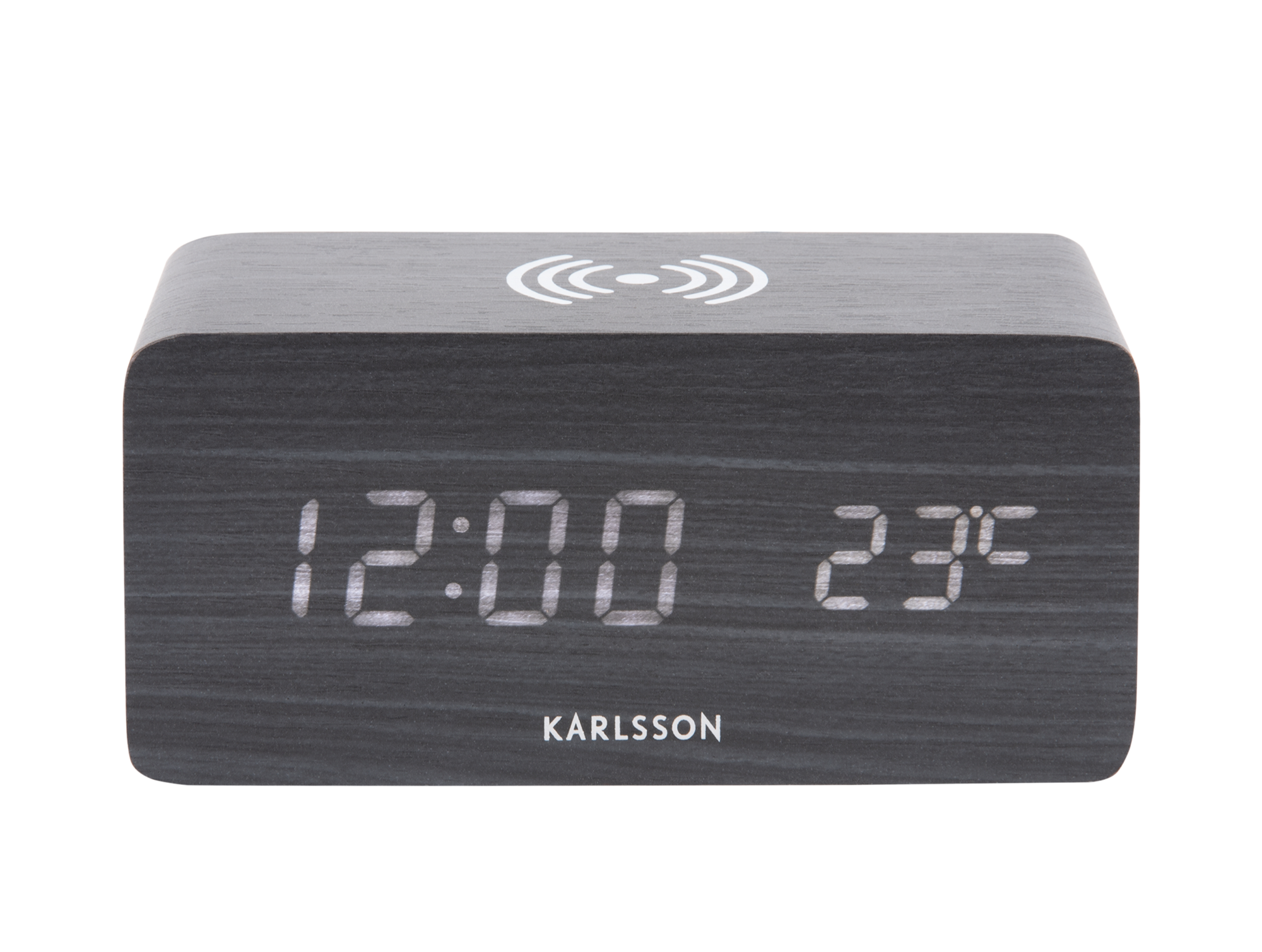 Alarm clock Block w. phone charger LED black veneer, white LED