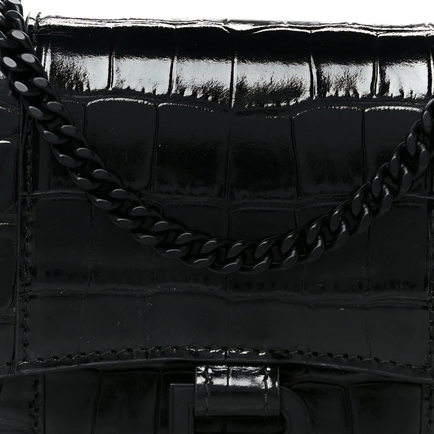 Shiny Calfskin Monochrome Crocodile Embossed Hourglass Chain Bag Black - Top Club
