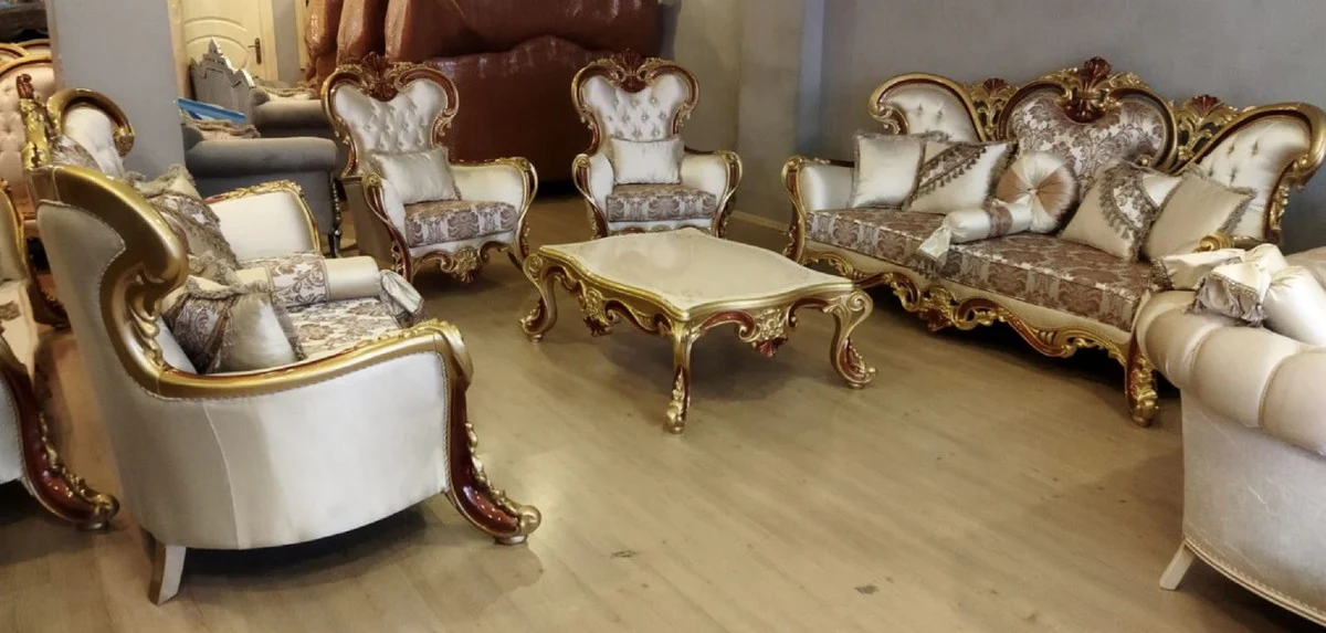 Luxury Baroque Living Room Set Cream / Silver / Gold / Brown - 2 Baroque Sofas & 2 Baroque Armchairs & 1 Baroque Coffee Table - Luxury Living Room Furniture in Baroque Style - Baroque Furniture