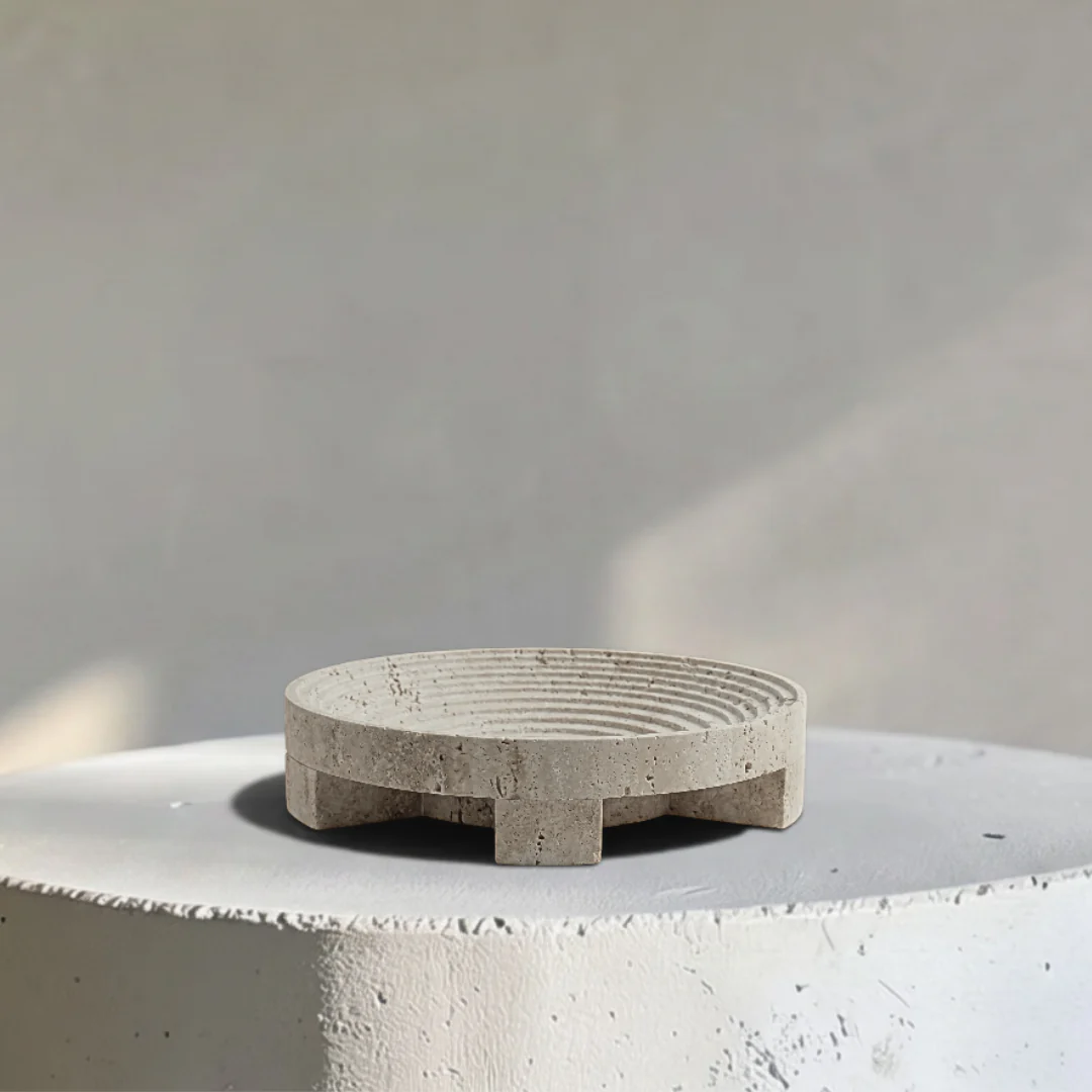 Grazia Travertine Stone, Round Shallow Tray with Modern-edged Detail