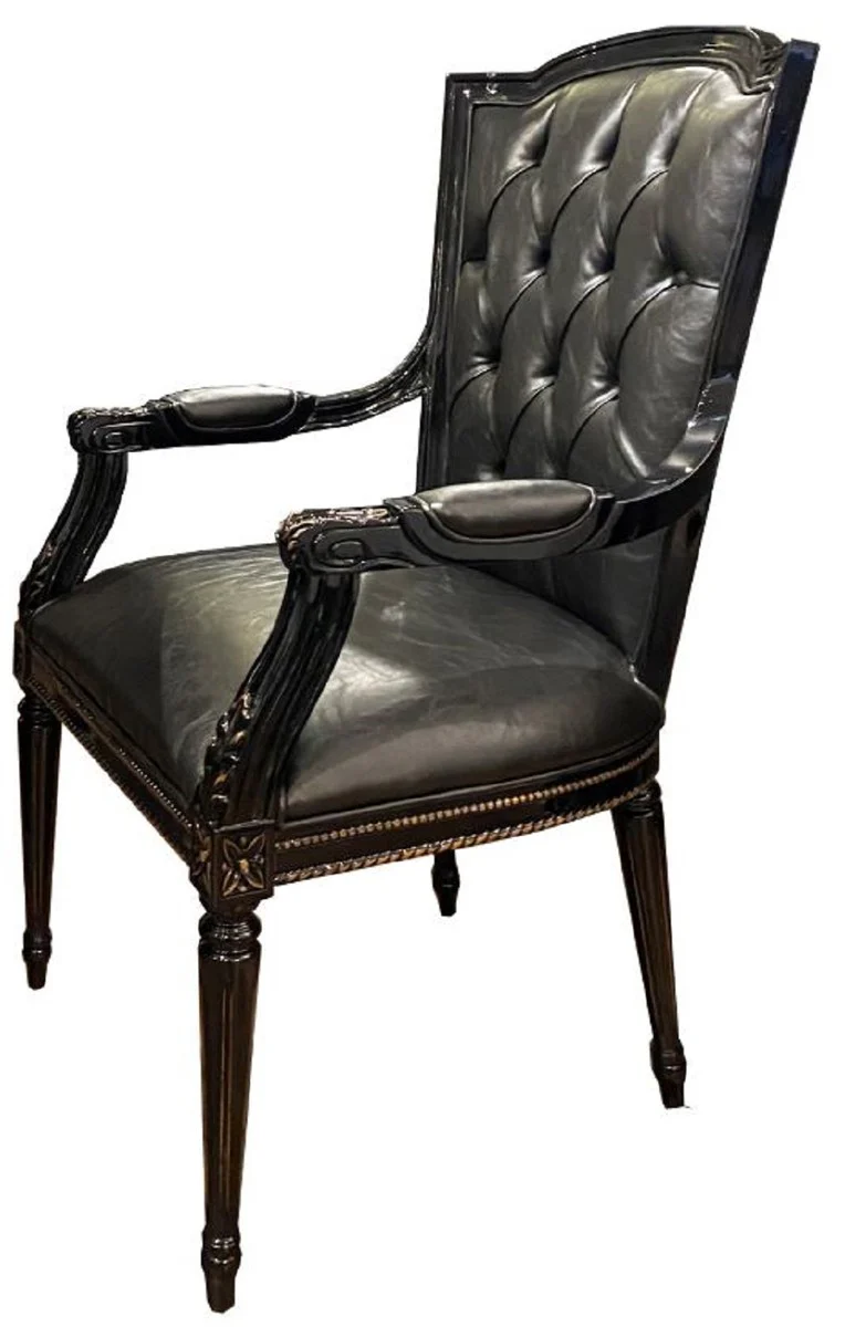 Luxury baroque dining room set black / gold - 1 dining table with glass top & 6 dining chairs - noble dining room furniture in baroque style