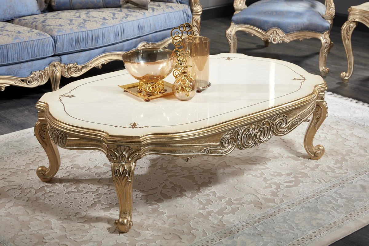 Luxury Baroque Living Room Set Light Blue / White / Antique Gold - 2 Sofas & 2 Armchairs & 1 Coffee Table & 2 Side Tables - Baroque Living Room Furniture - Noble & Magnificent