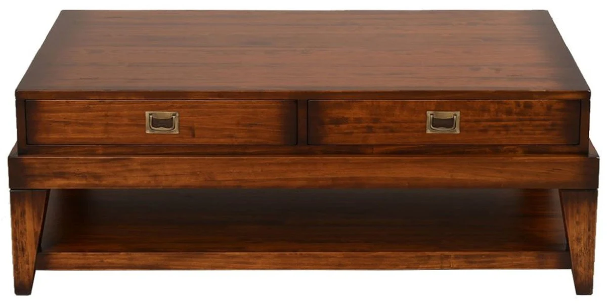 Luxury vintage style coffee table brown / brass 124 x 79 x H. 49 cm - Rectangular solid wood living room table with drawers - Vintage style living room furniture - Luxury furniture
