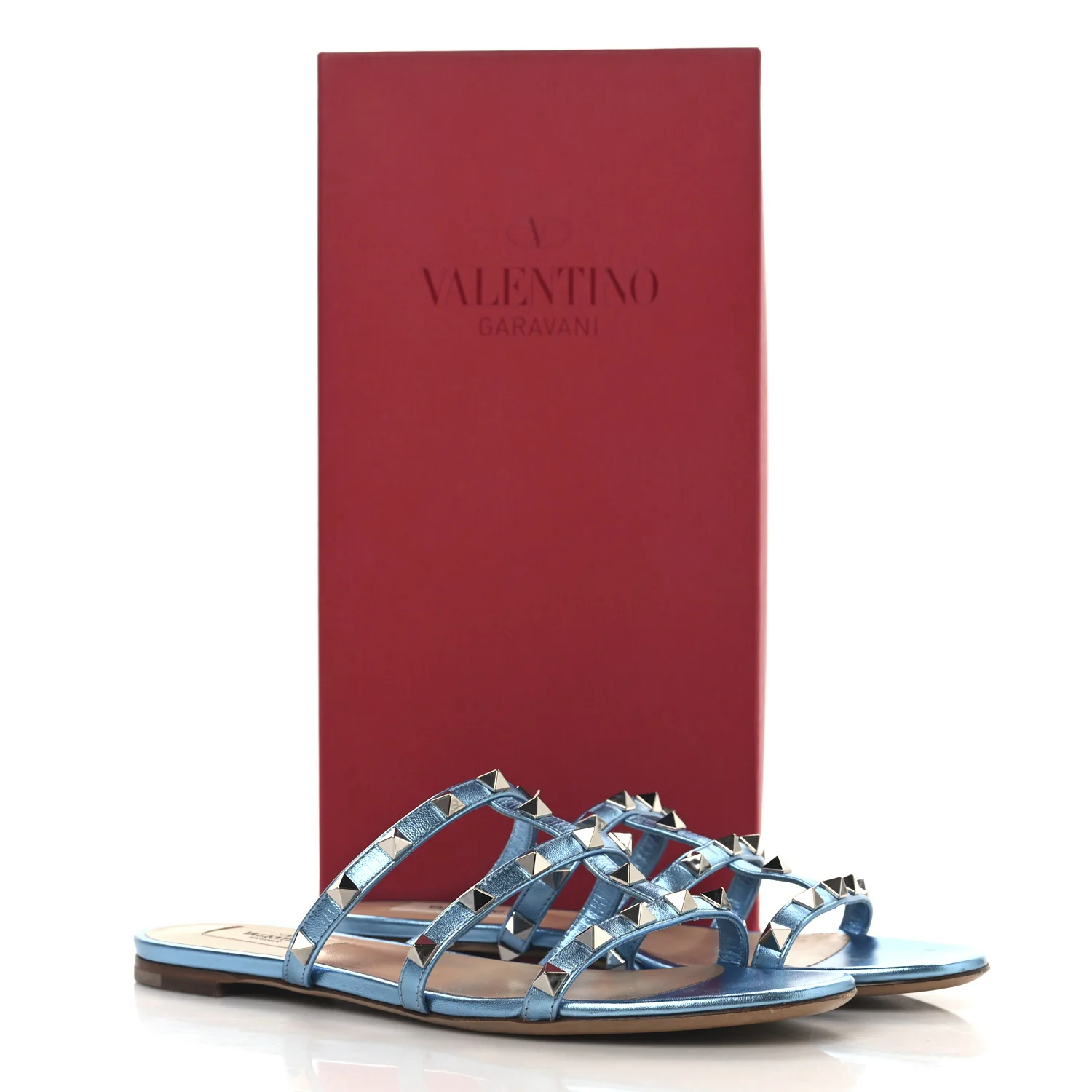 Metallic Nappa Rockstud Caged Flat Slide Sandals 37 Cerulean - Top Club