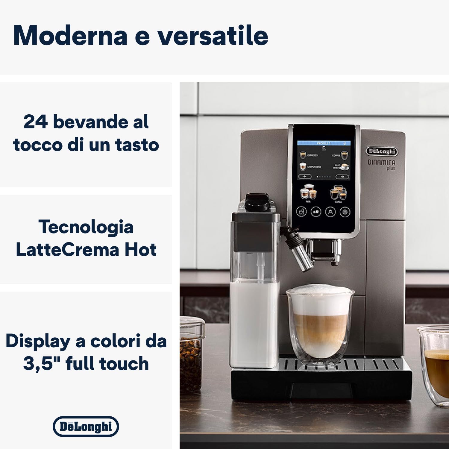 Perfetto Dinamica Plus ECAM380.95.TB, Macchina Automatica per Caffè in Chicchi, Caraffa Montalatte Automatica, 24 Bevande One Touch, Schermo Touch, Spegnimento Programmabile, Titanio