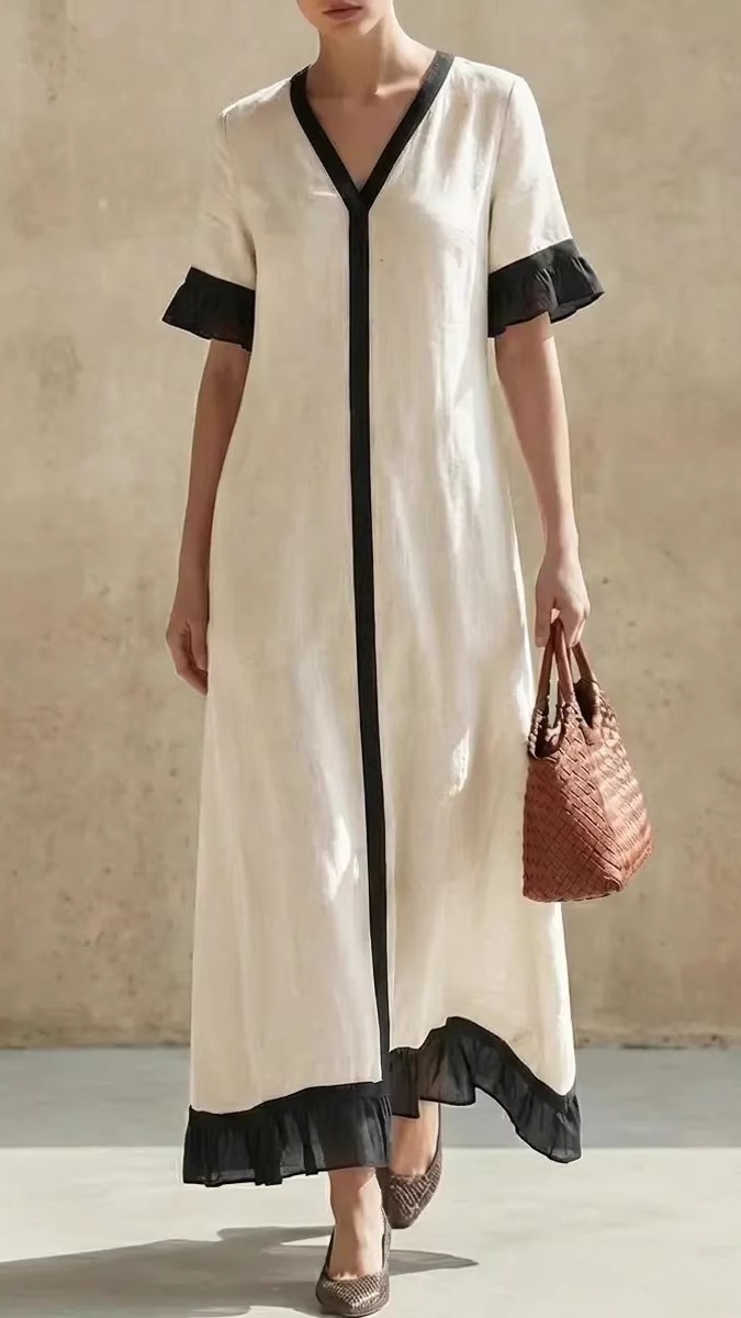 Women's Short-Sleeve Solid-Color V-Neck Dress with Elegant Lace Sleeves - Nordfashionstorm - Women's Clothing, Fashion for You - Nordfashionstorm.com