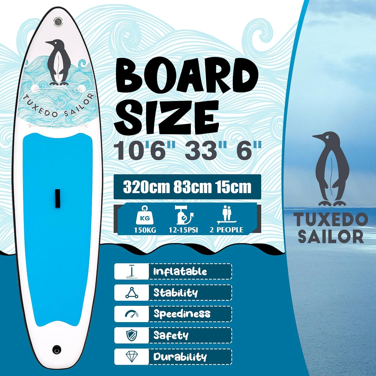 Tuxedo Sailor SUP Gonfiabile Adulti 320 cm Stand Up Paddle Board, Tavola da SUP Paddle Board con Accessori, Tavola Gonfiabile 2 Posti