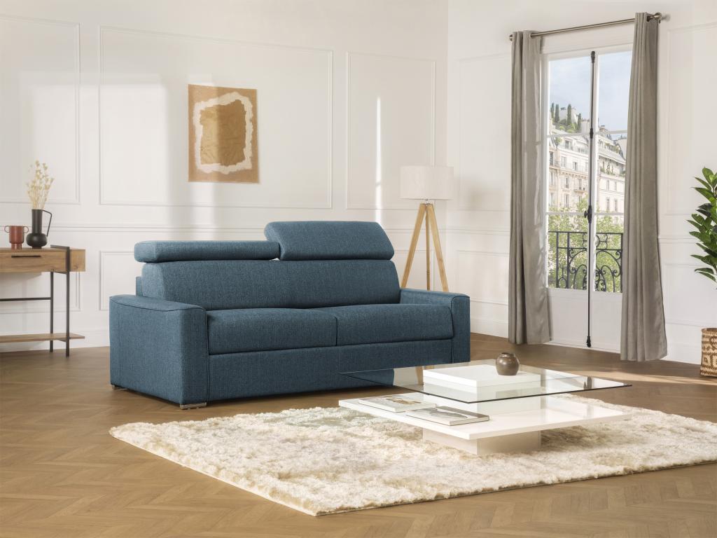 Sofá cama de 3 plazas de tela de apertura rápida VIZIR - Azul - Somier de láminas de 140 cm - Colchón de 16 cm con memoria de forma