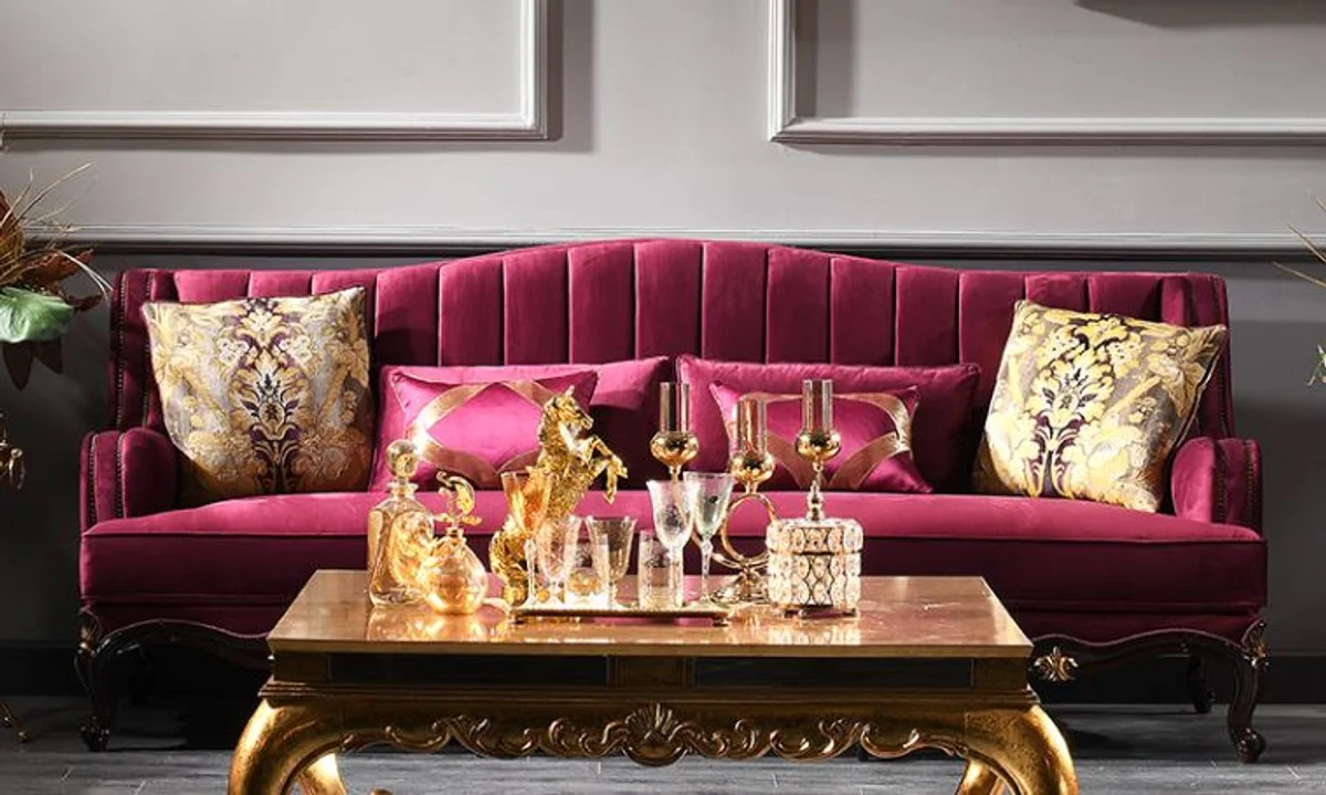 Luxury baroque sofa purple / black / gold 242 x 103 x H. 90 cm - magnificent living room sofa - baroque furniture