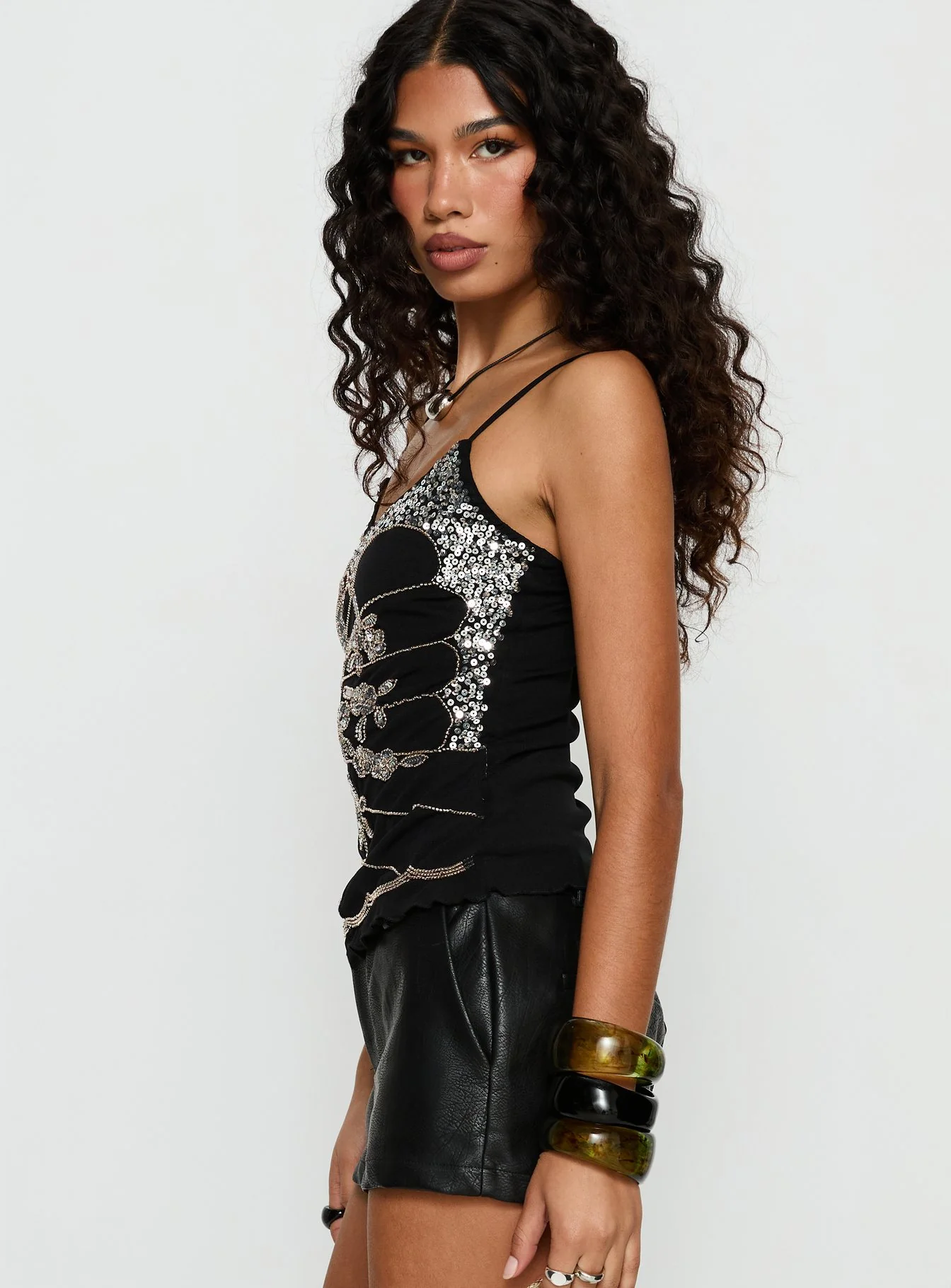Devondra Sequin Detail Cami Top Black