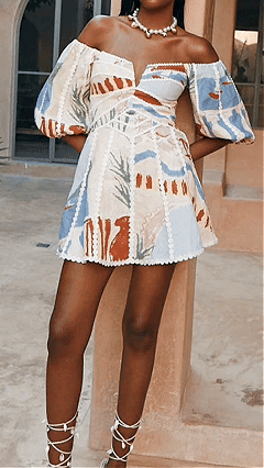 Women's Abstract Print Off-Shoulder Puff Sleeve Mini Dress - Nordfashionstorm - Women's Clothing, Fashion for You - Nordfashionstorm.com