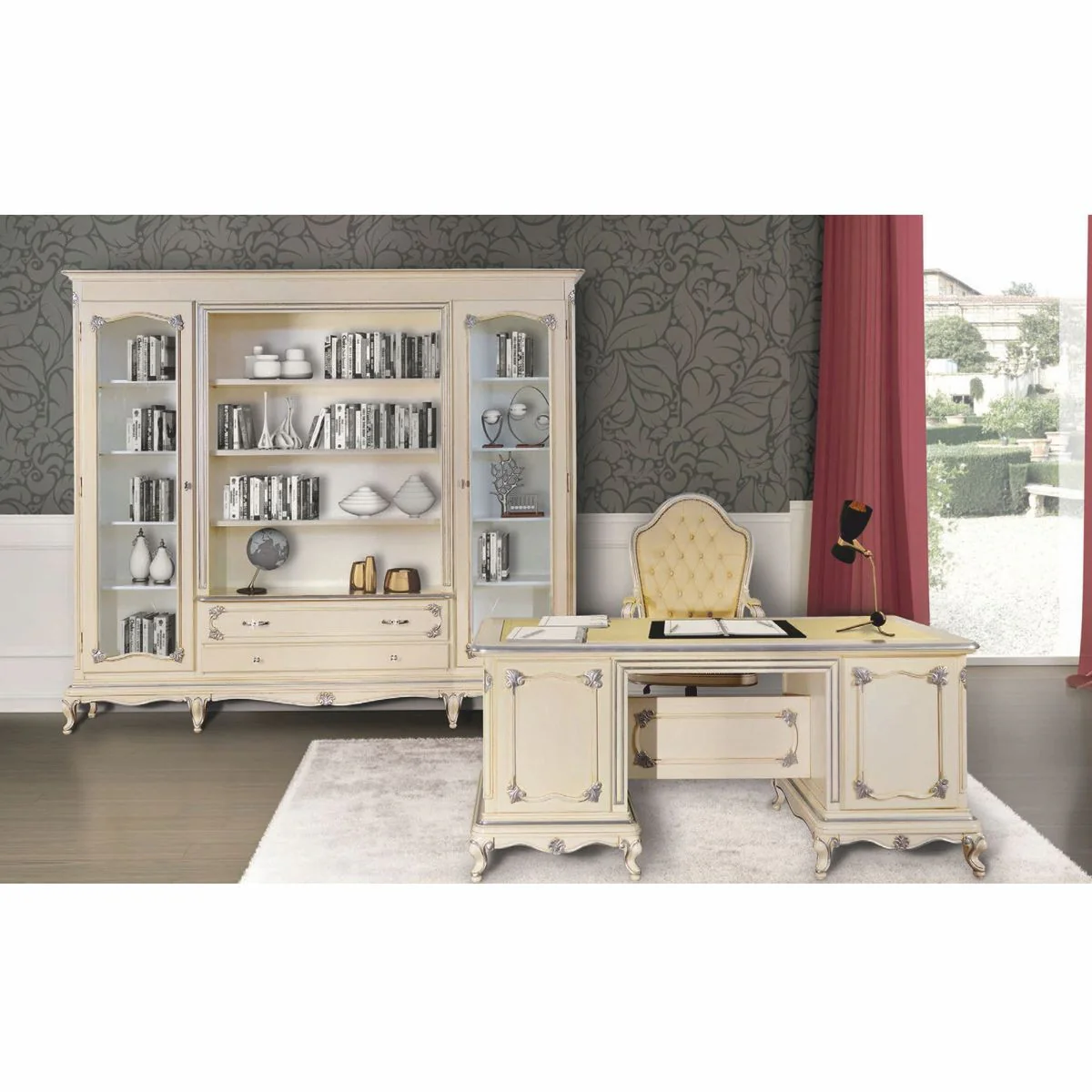 Luxury Baroque Chesterfield Leather Desk Chair Cream / Silver - Made in Italy