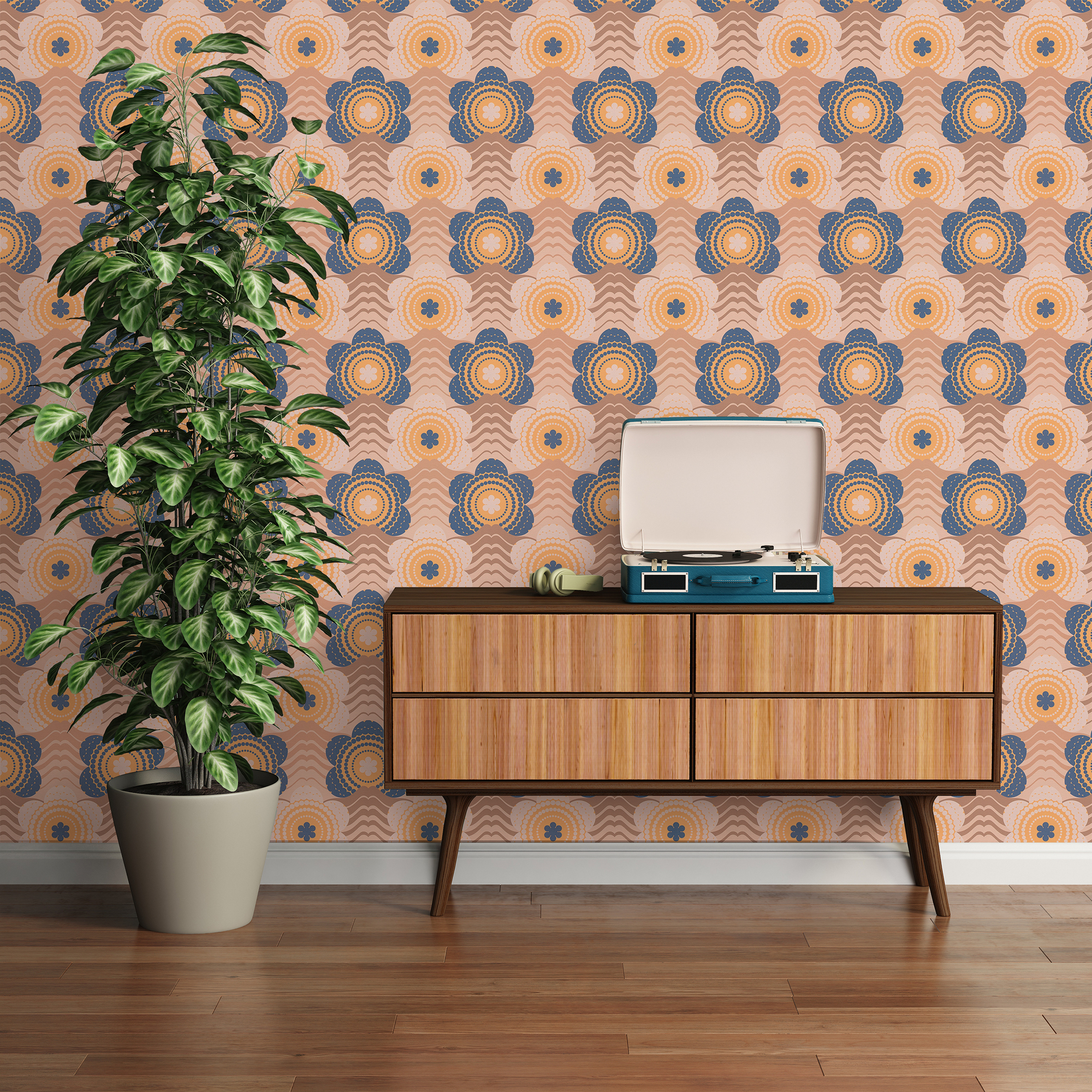 Behang licht gestructureerd met golven en bloemmotieven - beige, bruin, blauw Licht gestructureerd behang met golven en bloemmotieven - beige, bruin, blauw #1