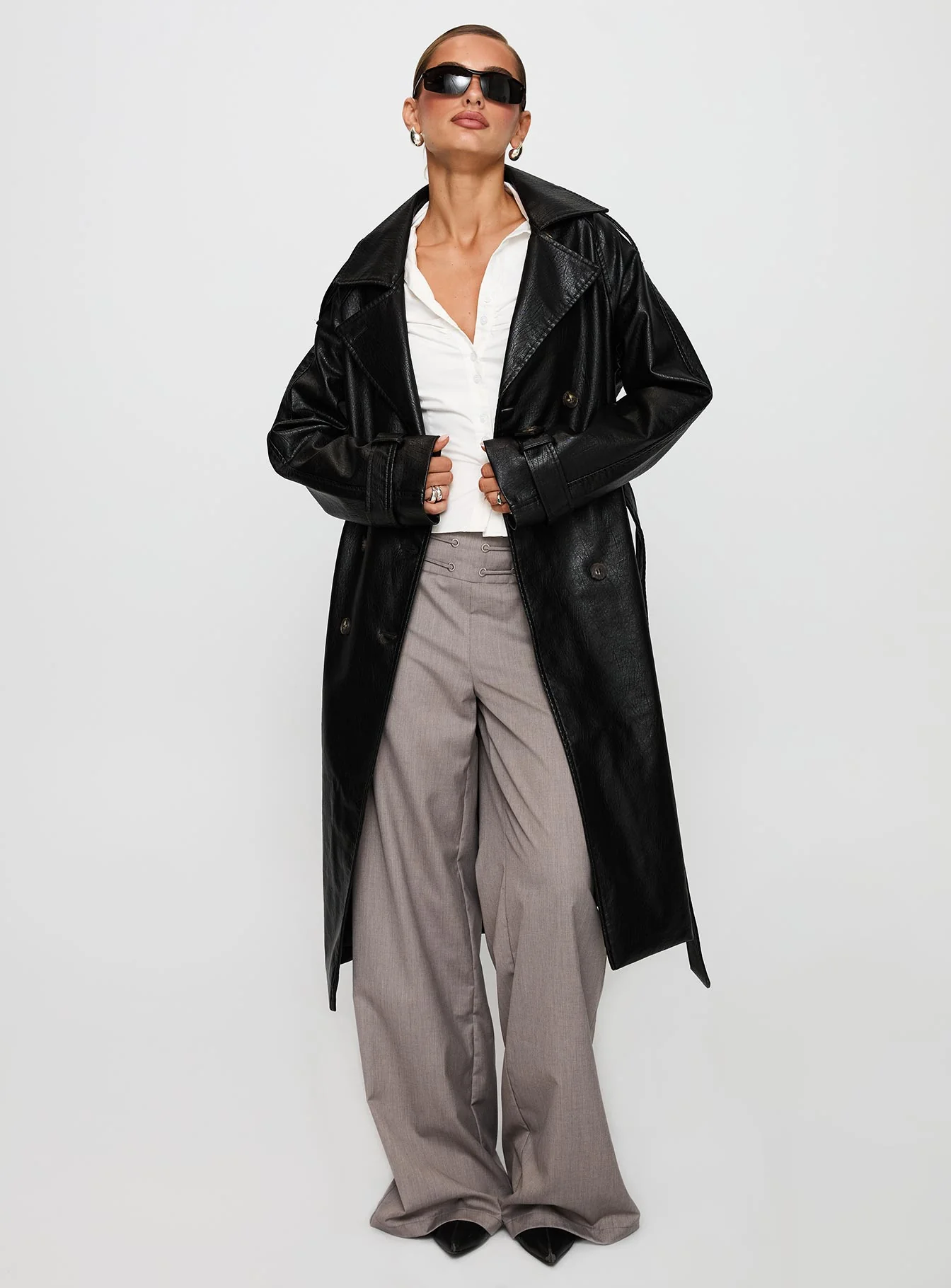 Think Later Faux Leather Trench Coat Black