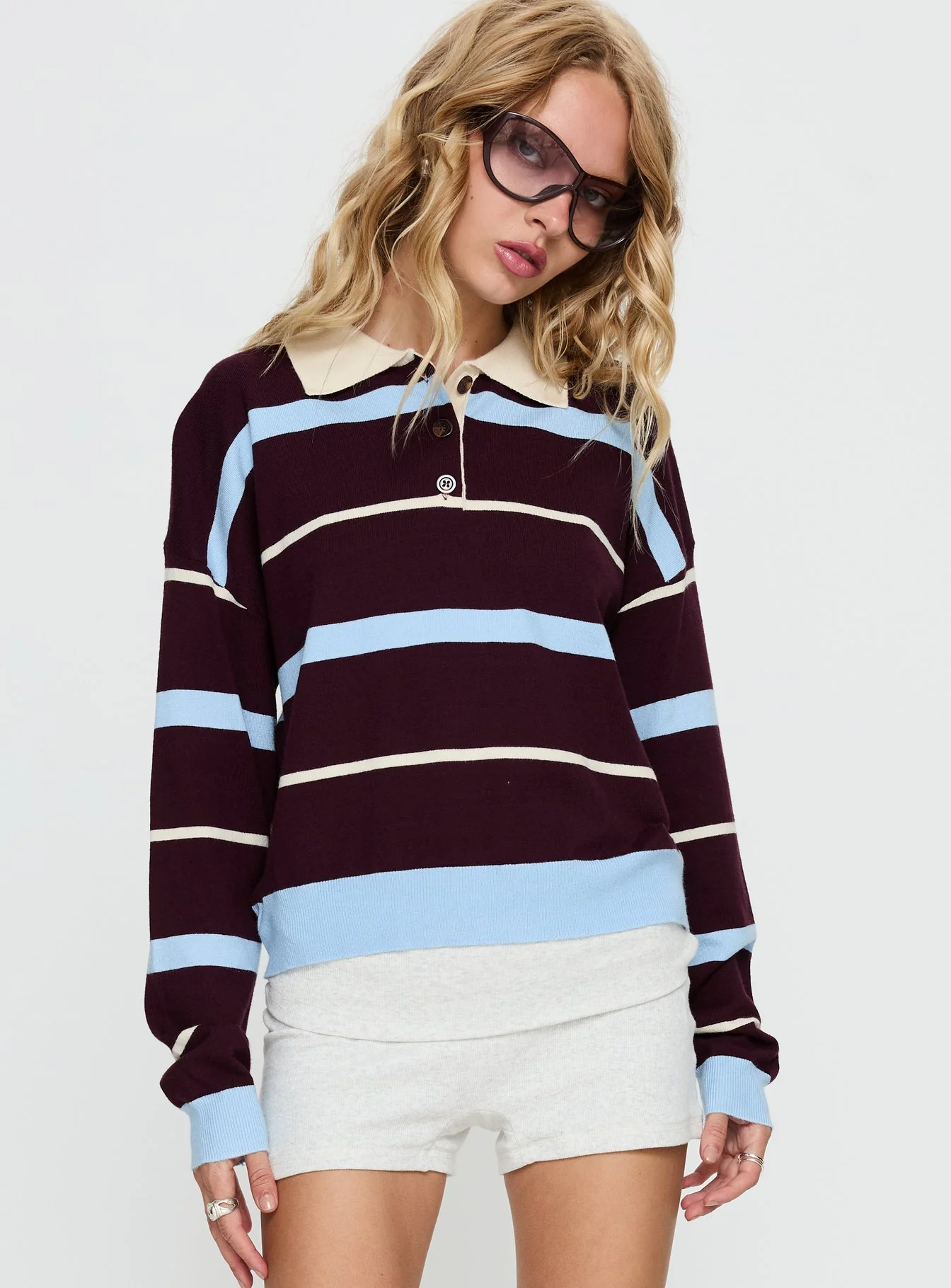 Aiyanna Collared Rugby Jersey Brown / Blue Stripe