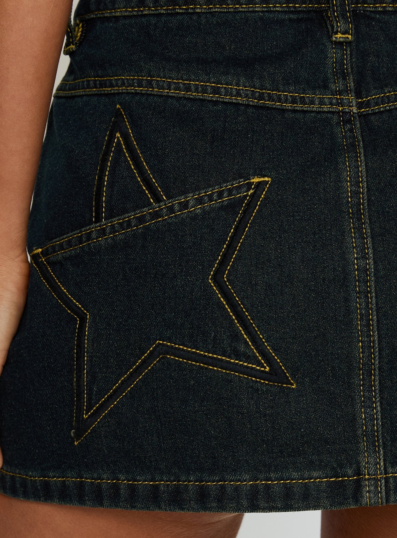 Electric Star Patch Pocket Mini Skirt Dark Blue Wash