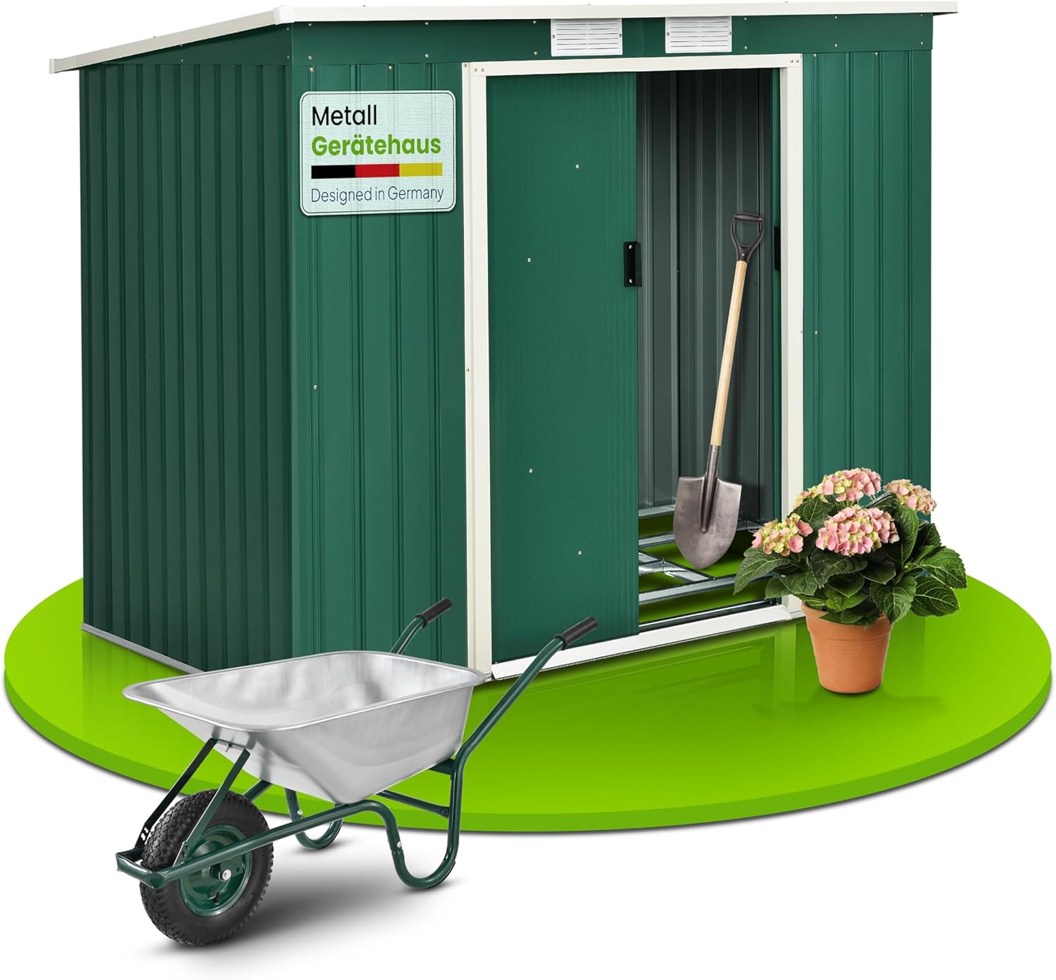 Juskys Casetta per attrezzi M in metallo 4 m³ con tetto a uno spiovente, porta scorrevole e fondamenta - 213 × 130 × 173 cm - verde - Capanno per attrezzi in acciaio Casetta da giardino