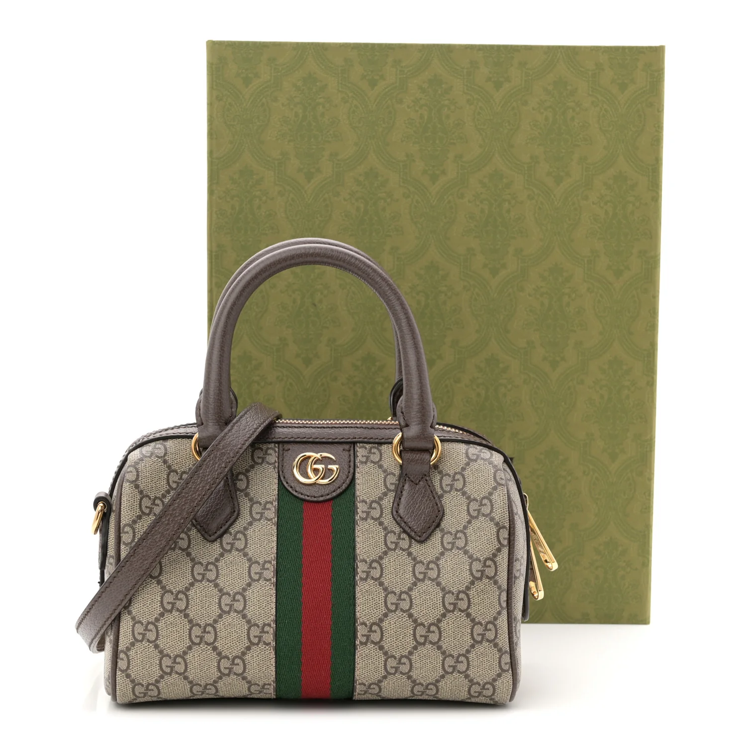 GG Supreme Monogram Textured Dollar Calfskin Web Mini Ophidia Top Handle Bag Beige Ebony New Acero - Top Club