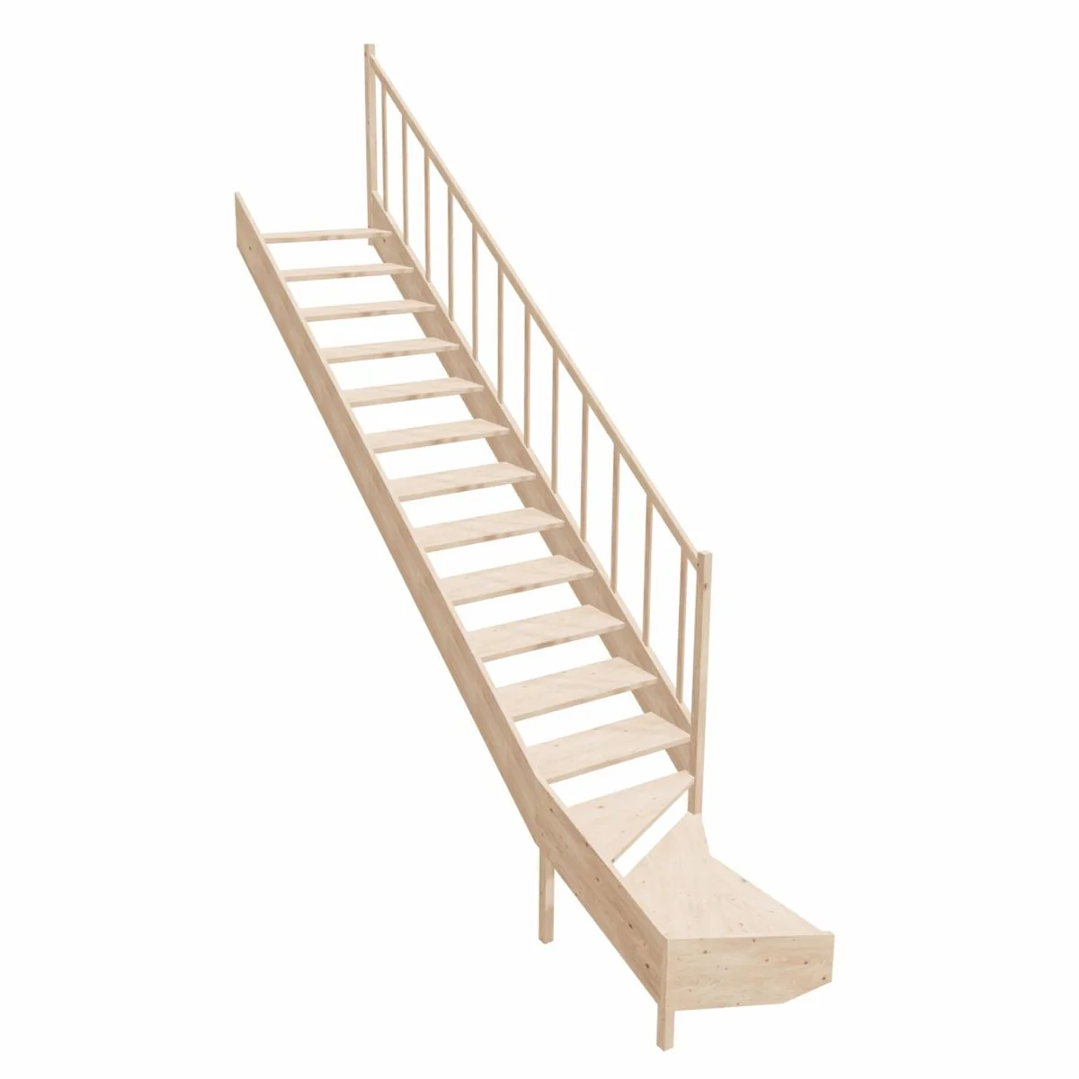 Luxury corner wooden staircase with railing right side natural color H. 364 cm