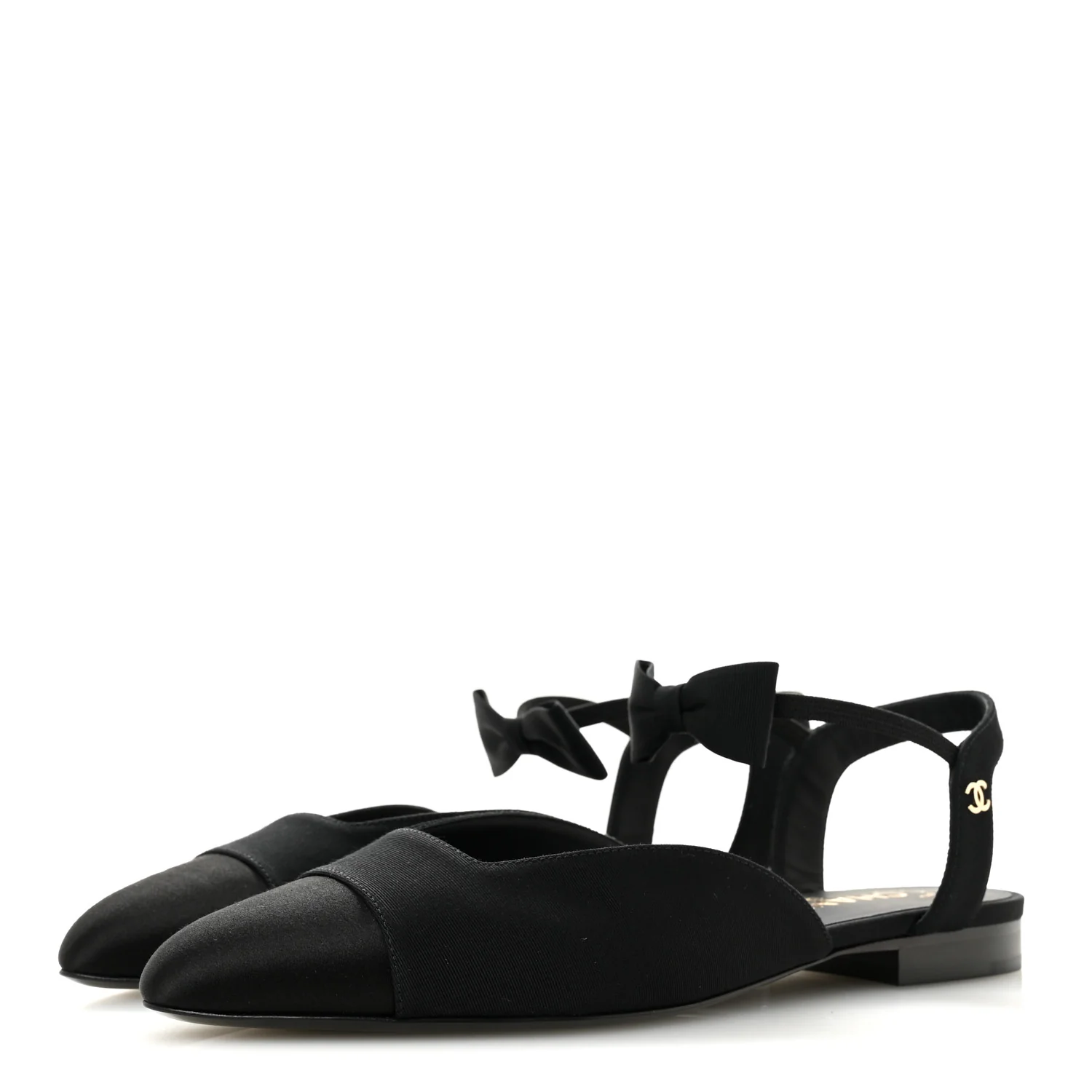 Satin Slingback Cap Toe Bow Flats 39.5 Black - Top Club